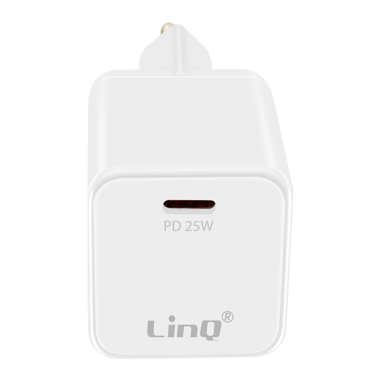 Una spina di ricarica USB-C bianca PD 25W con logo LinQ.