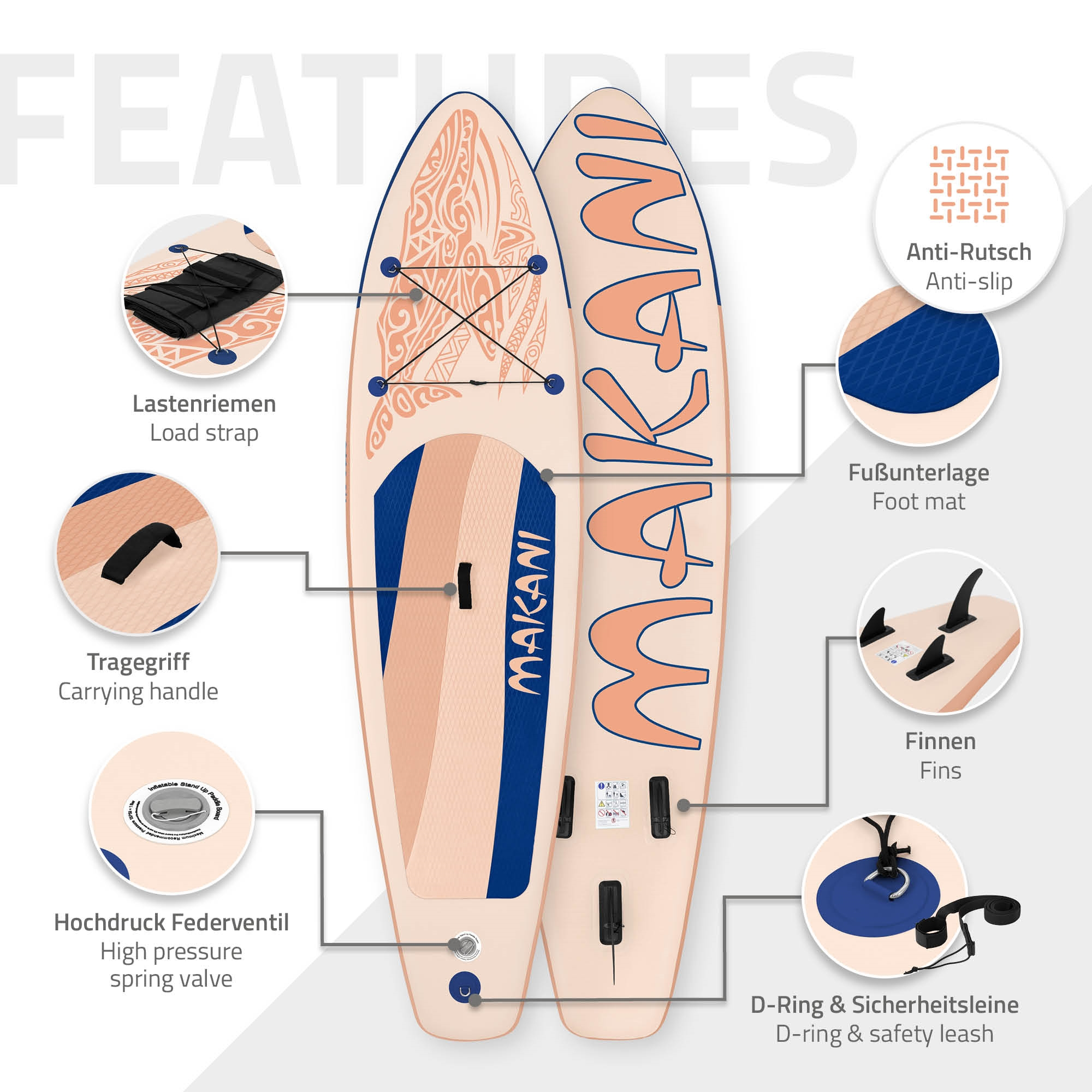 Stand-Up-Paddleboard mit Tragegriff, Anti-Rutsch-Matte, Finnen und Leine.