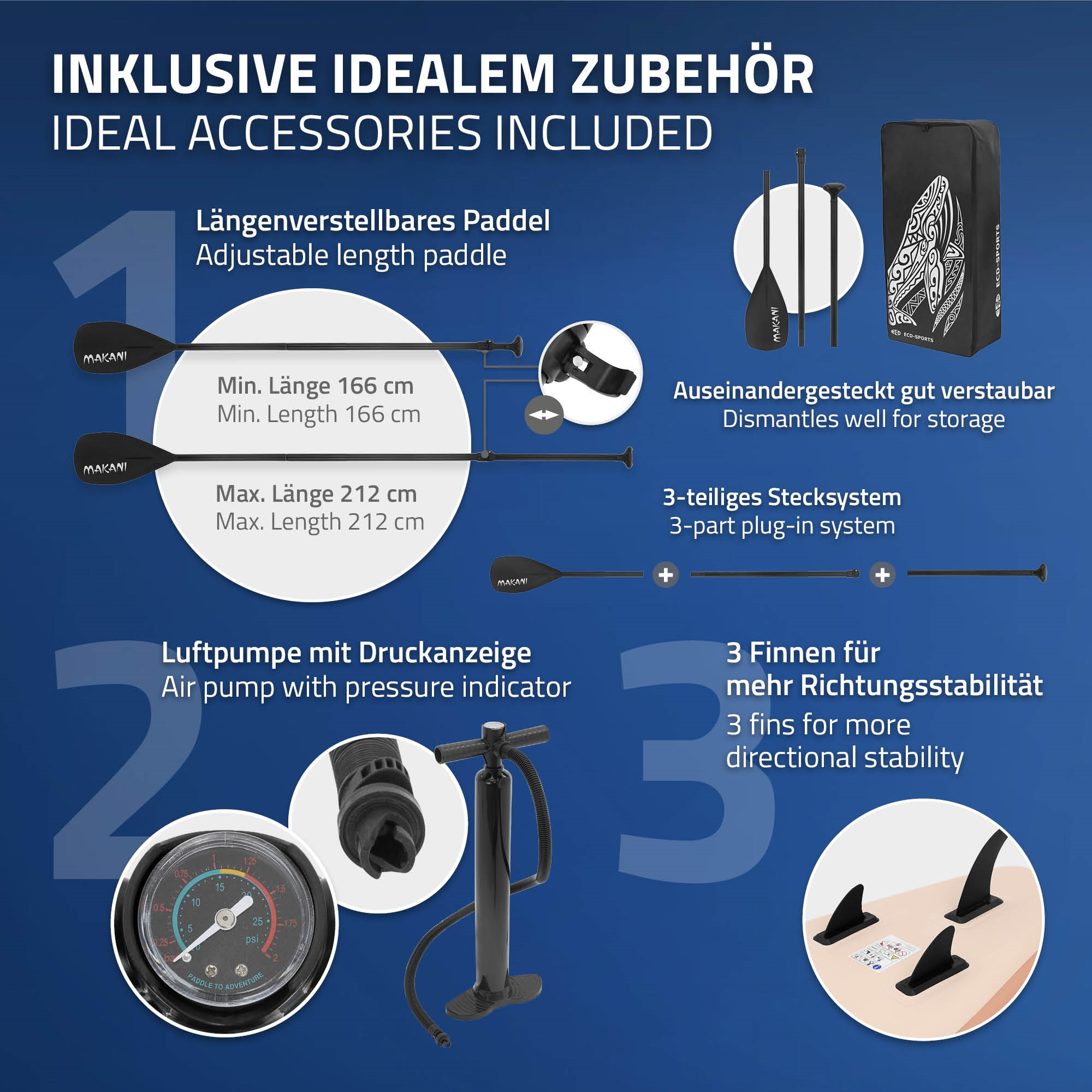 Verstellbares Paddel, Luftpumpe mit Druckanzeige, Tasche, 3 Finnen.