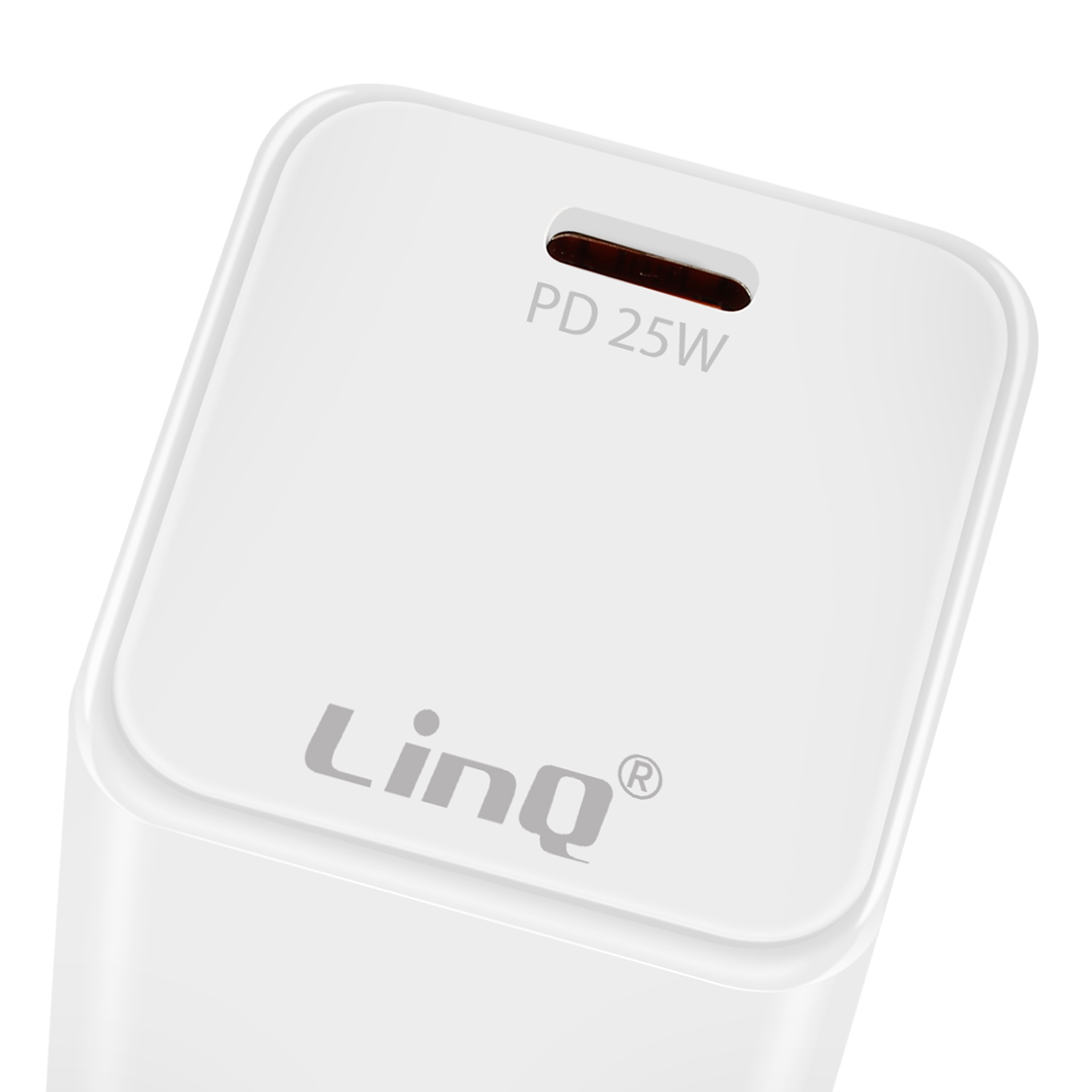 Adattatore di alimentazione bianco con testo PD 25W e logo Linq.