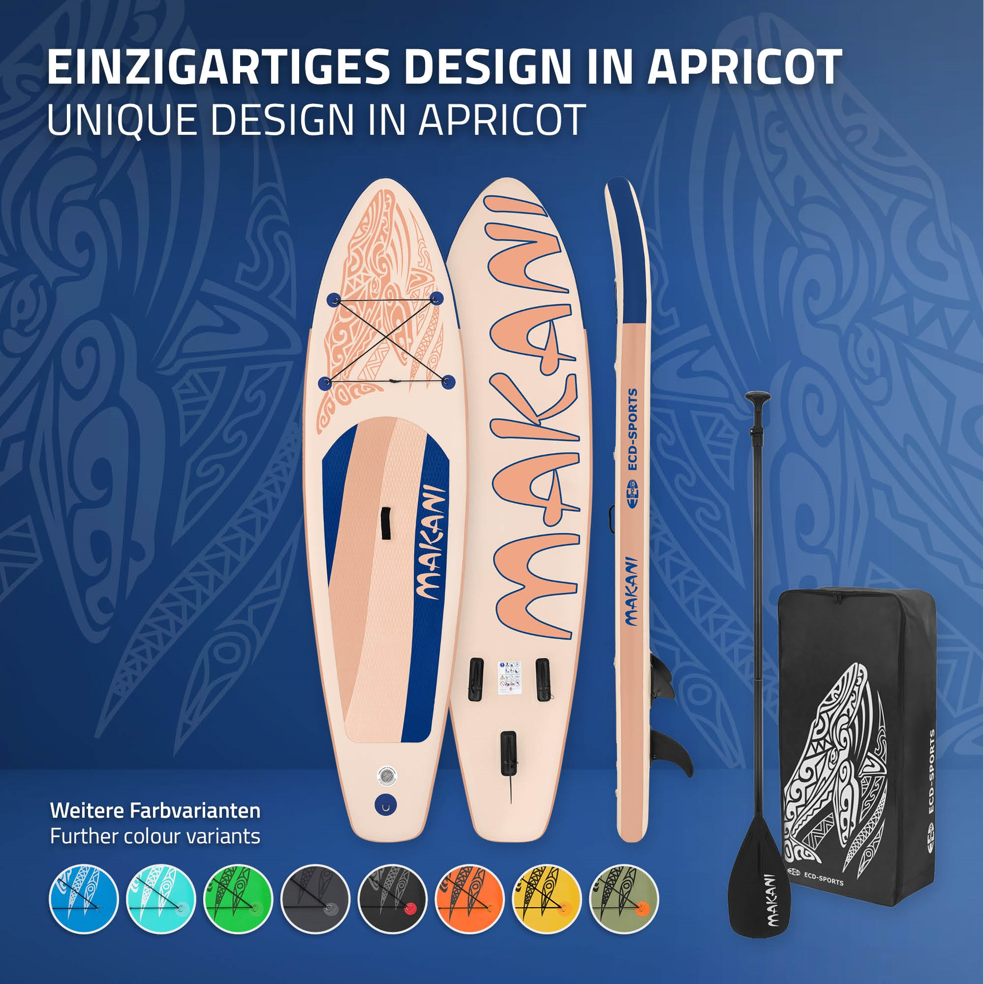 Zwei apricotfarbene Stand-Up-Paddleboards mit Paddel und Tasche.