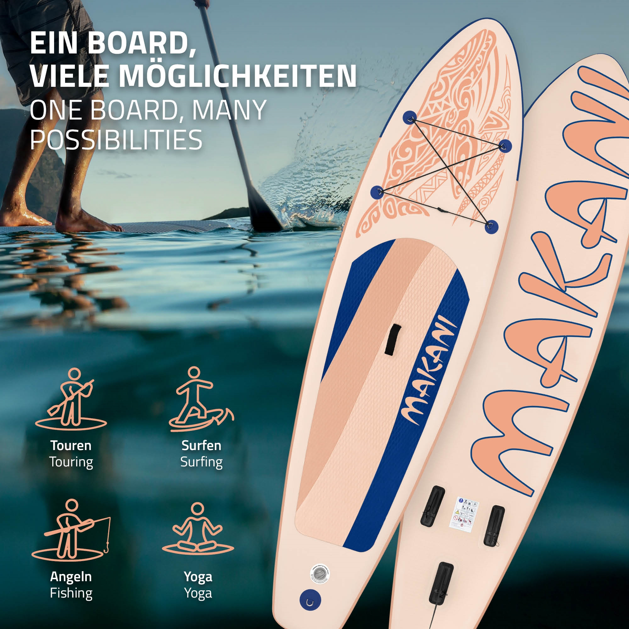 Zwei Stand-Up-Paddle-Boards im Wasser. Person rudert, Boards sind hell mit Schnüren.