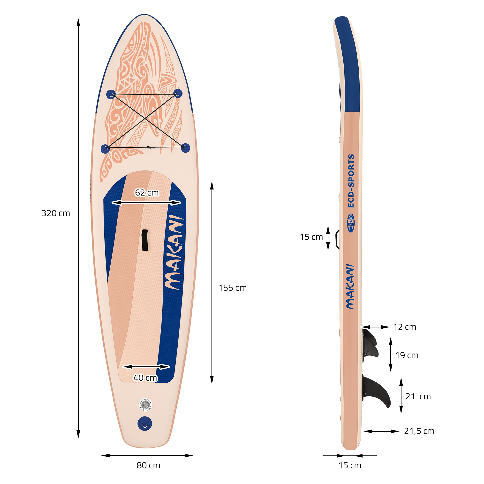 Stand-Up-Paddle-Board mit Maßen: 320x80x15 cm. Mit Paddel, Griff und Finnen.
