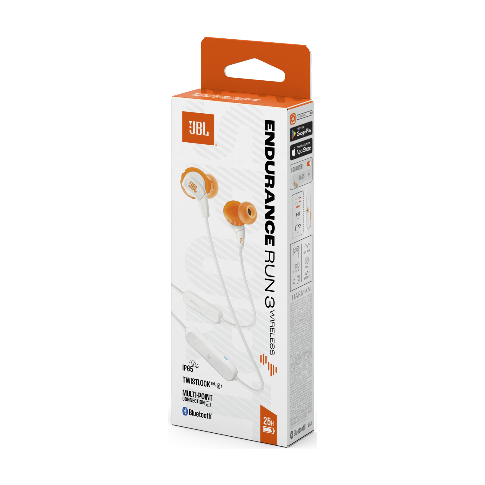 Embalaje de auriculares JBL Endurance Run 3 Wireless con auriculares naranjas.