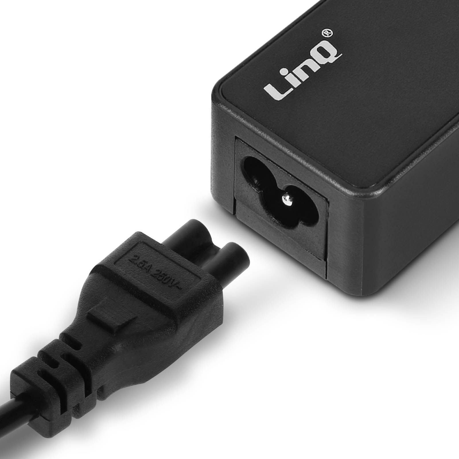 Schwarzer Netzstecker und Buchse mit LinQ-Logo.