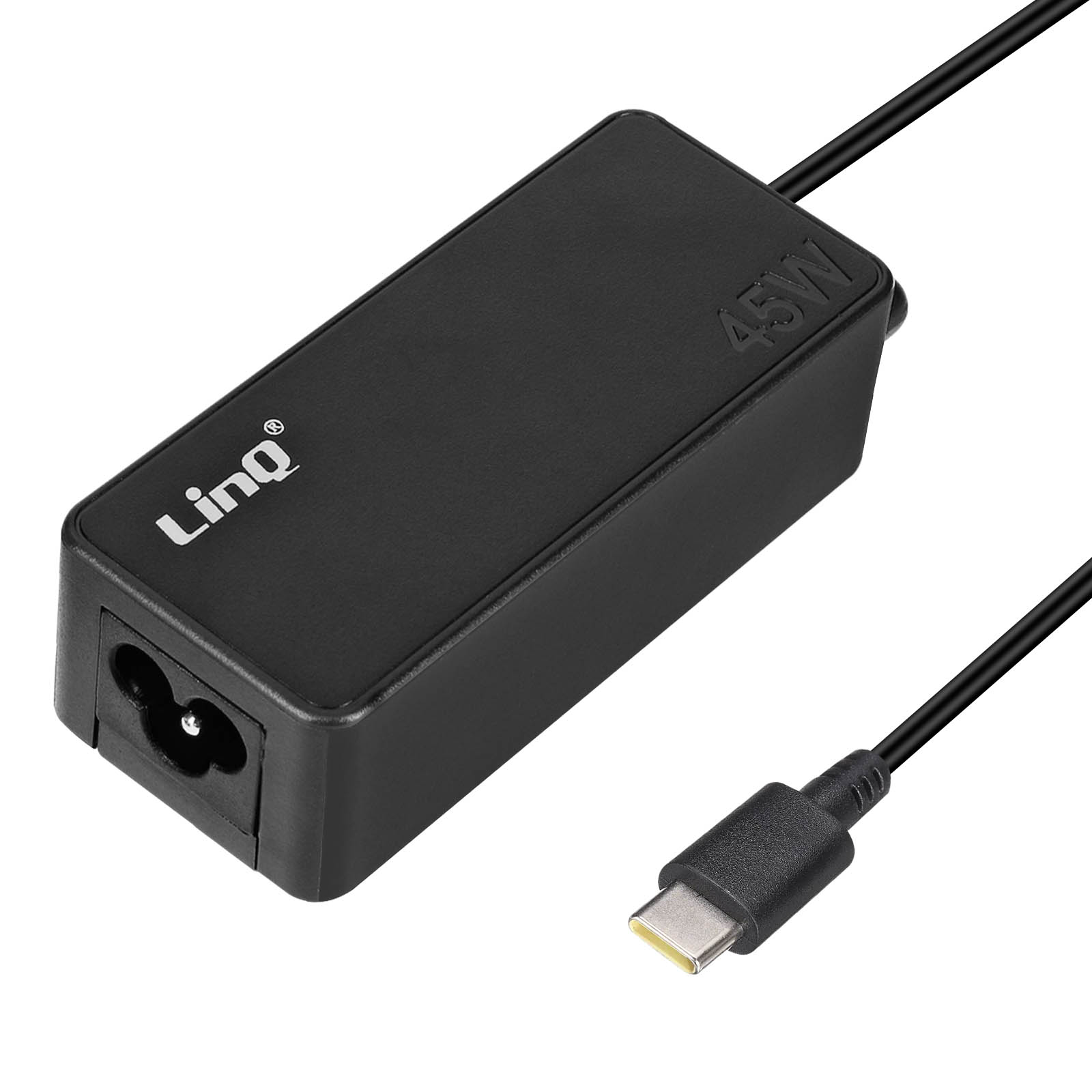 Schwarzer 45W USB-C Netzteil mit Linq-Logo und Typ-C-Stecker.