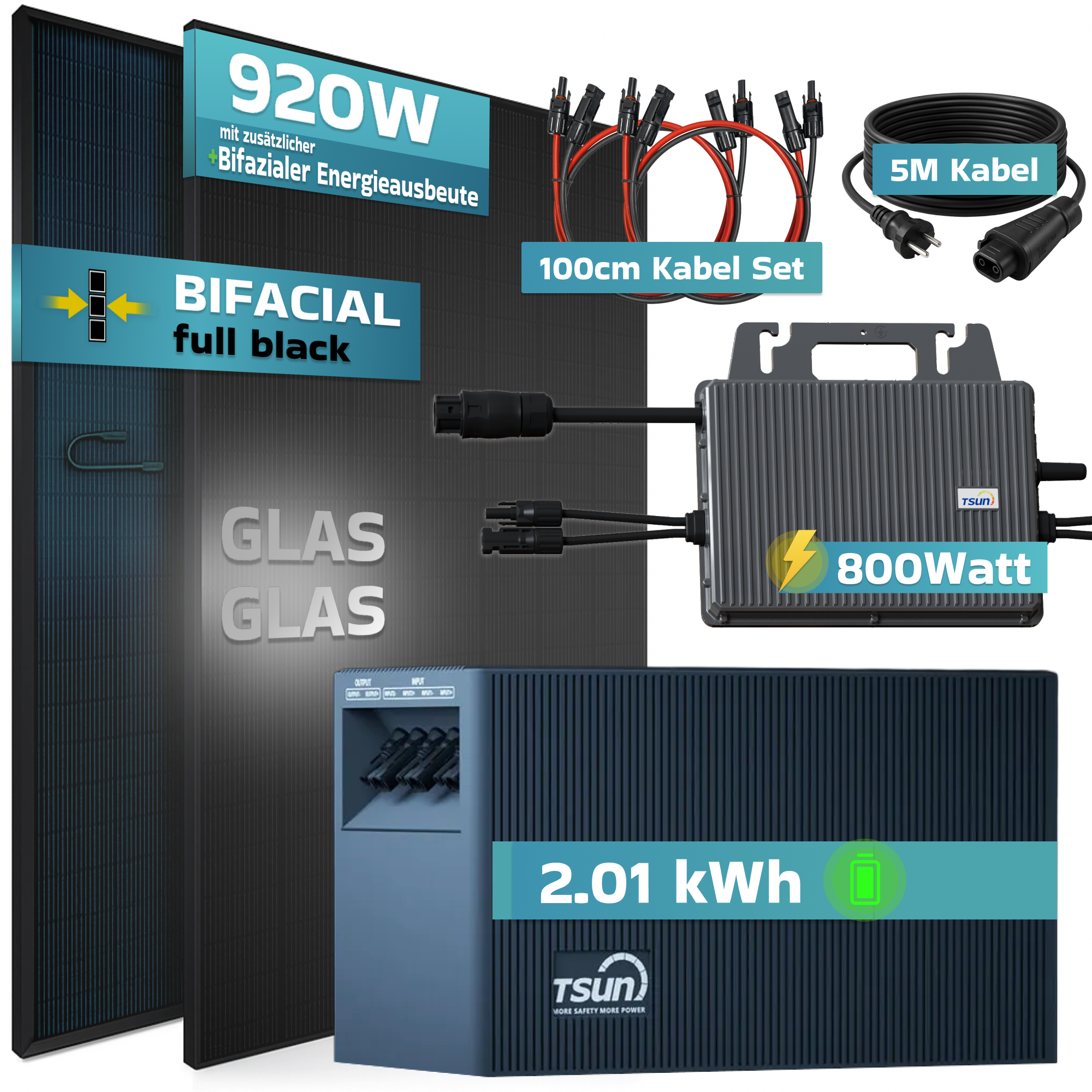 Solarmodule, Wechselrichter, Kabel und eine 2.01 kWh Batterie sind abgebildet.