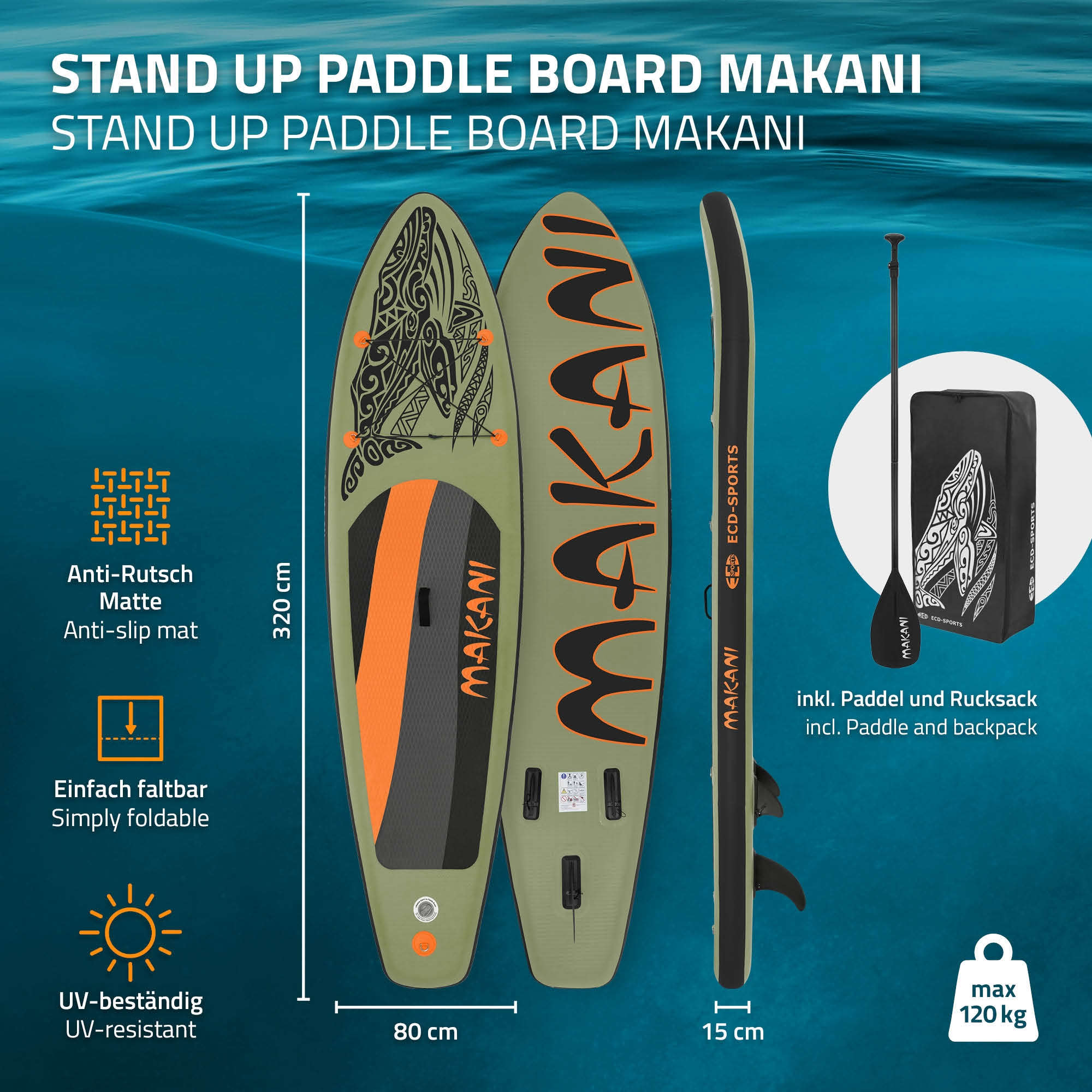 Grünes Makani Stand Up Paddle Board, 320cm lang, 80cm breit, 15cm dick, mit Paddel & Tasche.