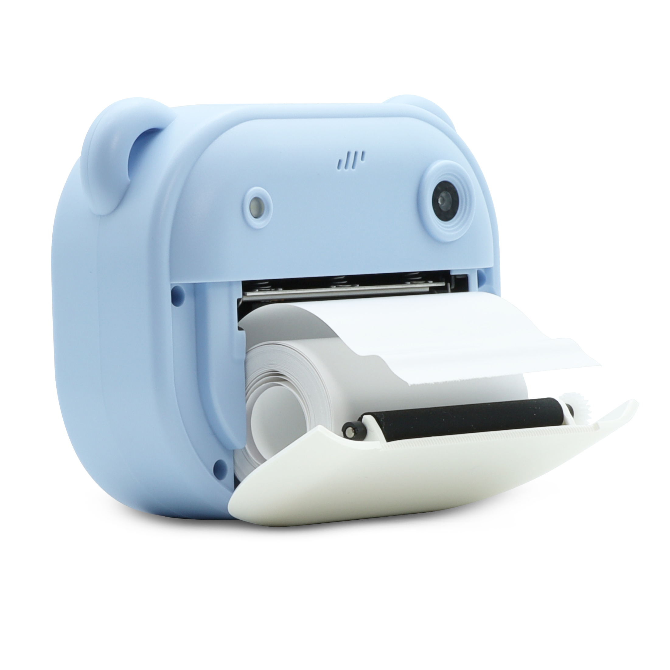 Un dispositivo azzurro con rotolo di carta e obiettivo della fotocamera, design orso.