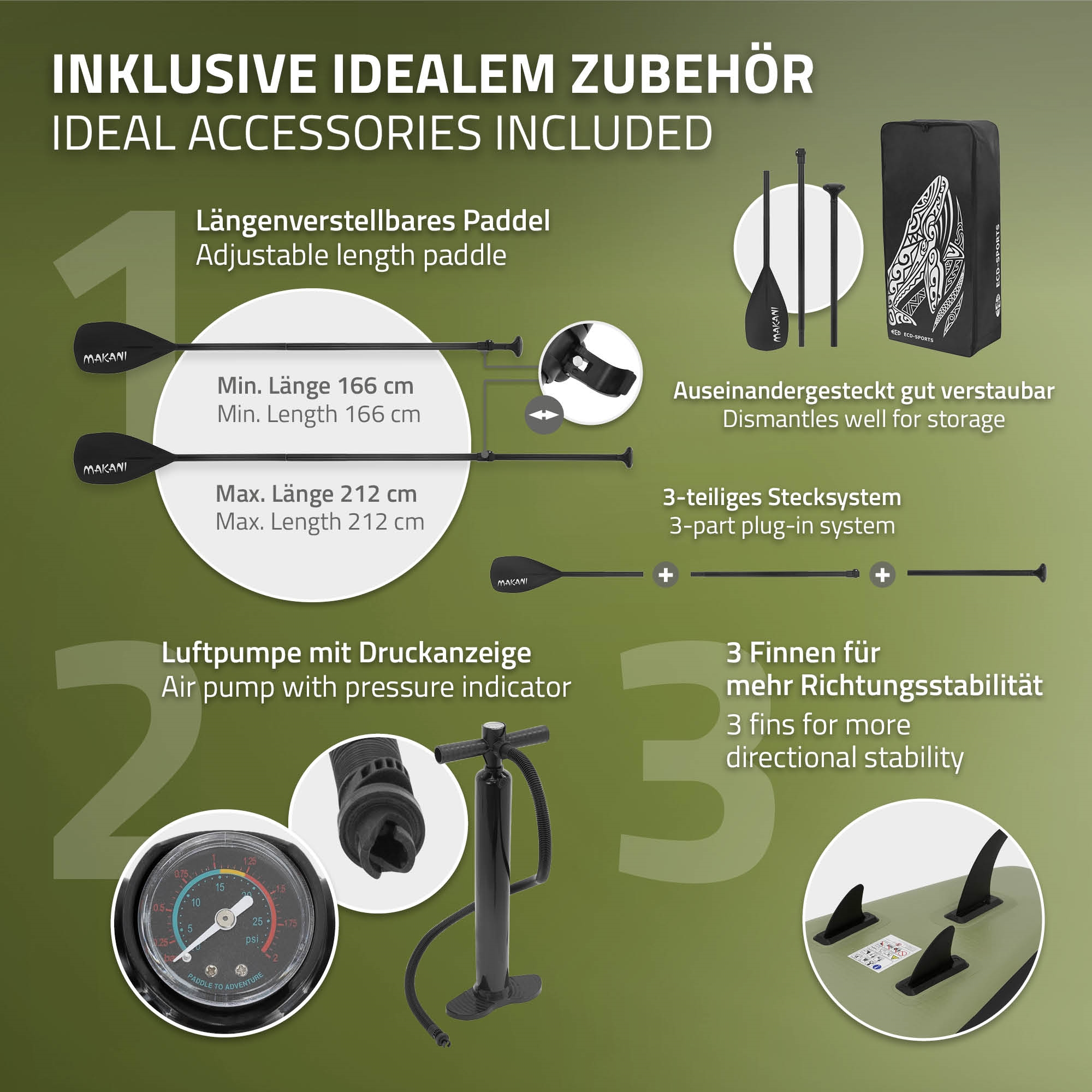 Zubehör für SUP: Paddel, Pumpe, Tasche und Finnen. Verstellbar und zerlegbar.