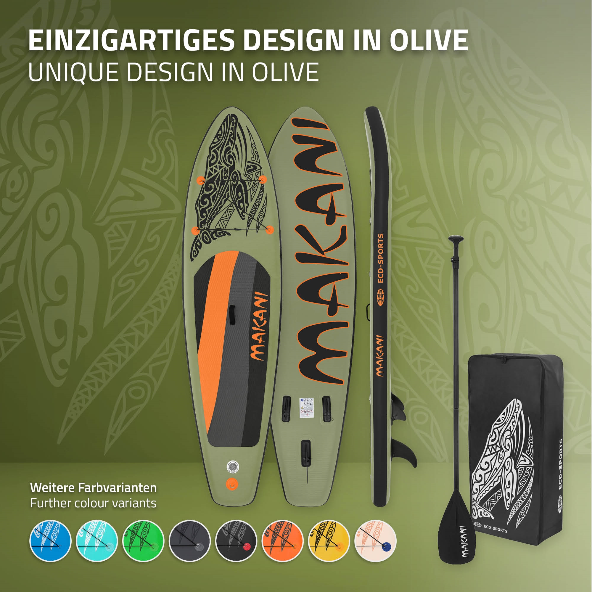 Olivegrünes Stand-Up-Paddleboard mit schwarzem Paddel und Tasche.