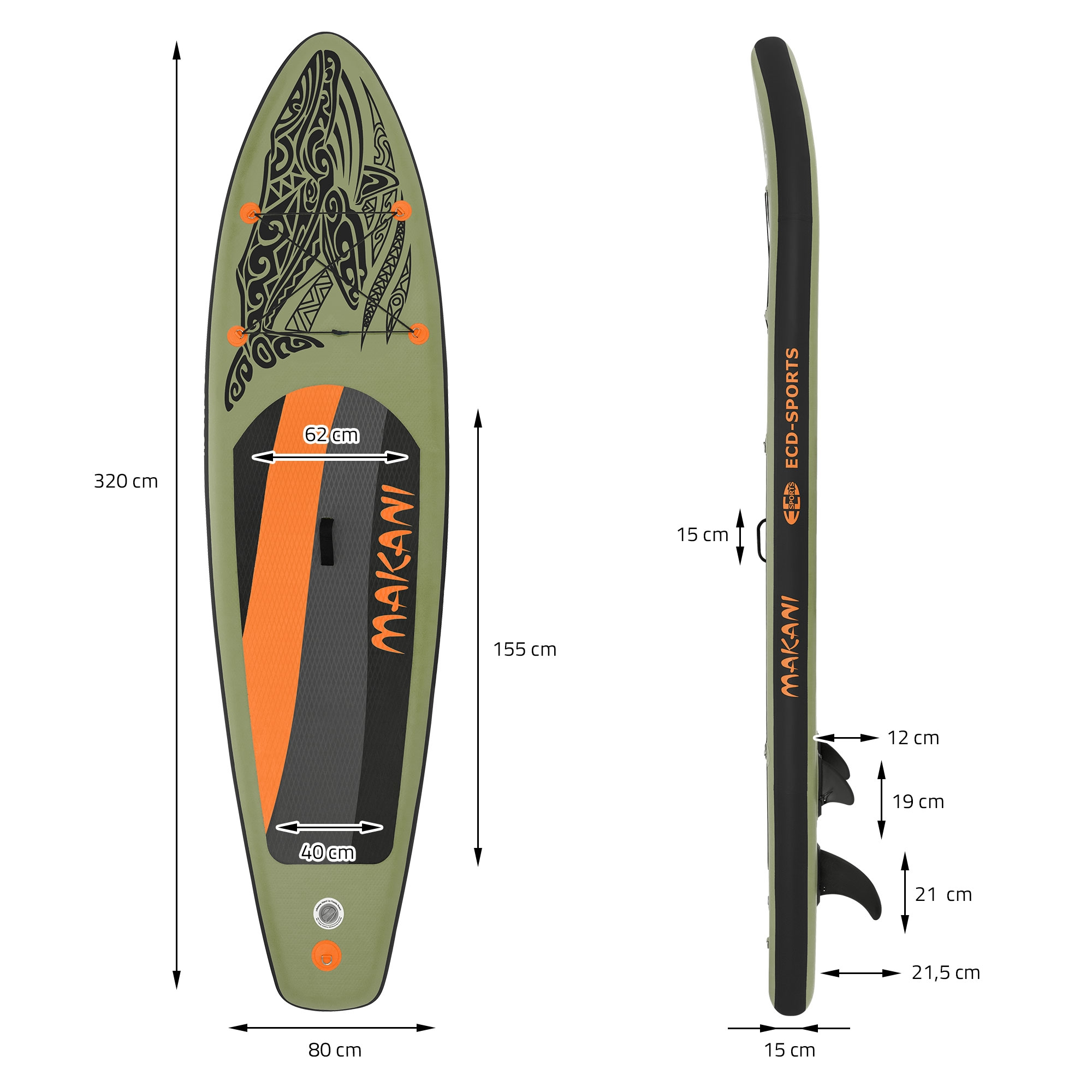 Grünes aufblasbares SUP-Board mit schwarzen und orangen Akzenten und Maori-Muster.