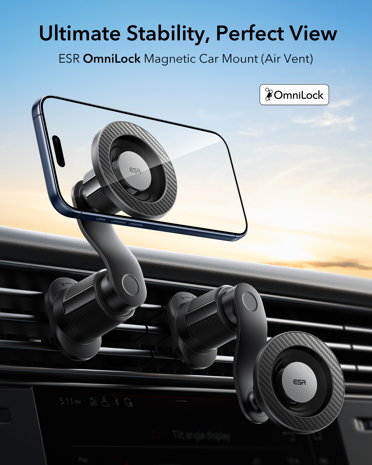 Ein Smartphone ist mit einer magnetischen Autohalterung an einem Lüftungsgitter befestigt.