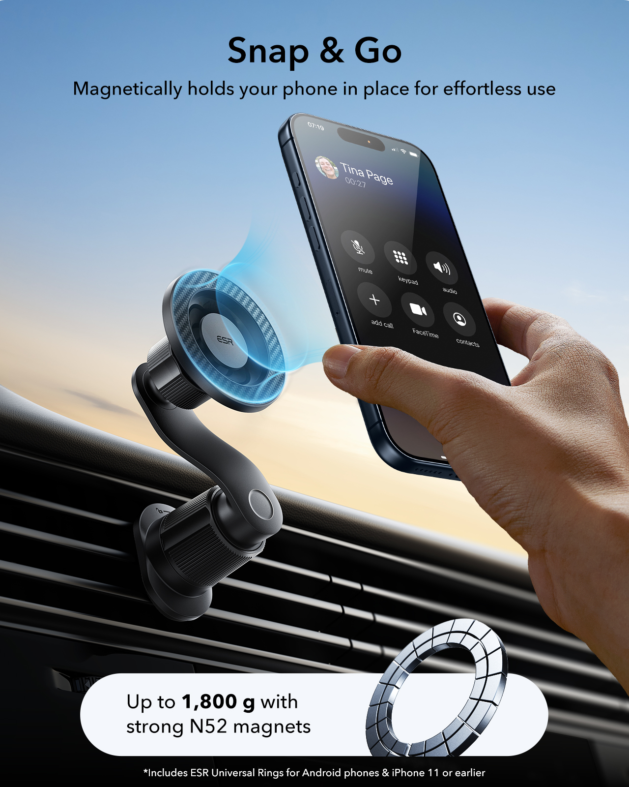 Ein Handy wird von einer magnetischen Autohalterung gehalten, mit Text über Magnetstärke.