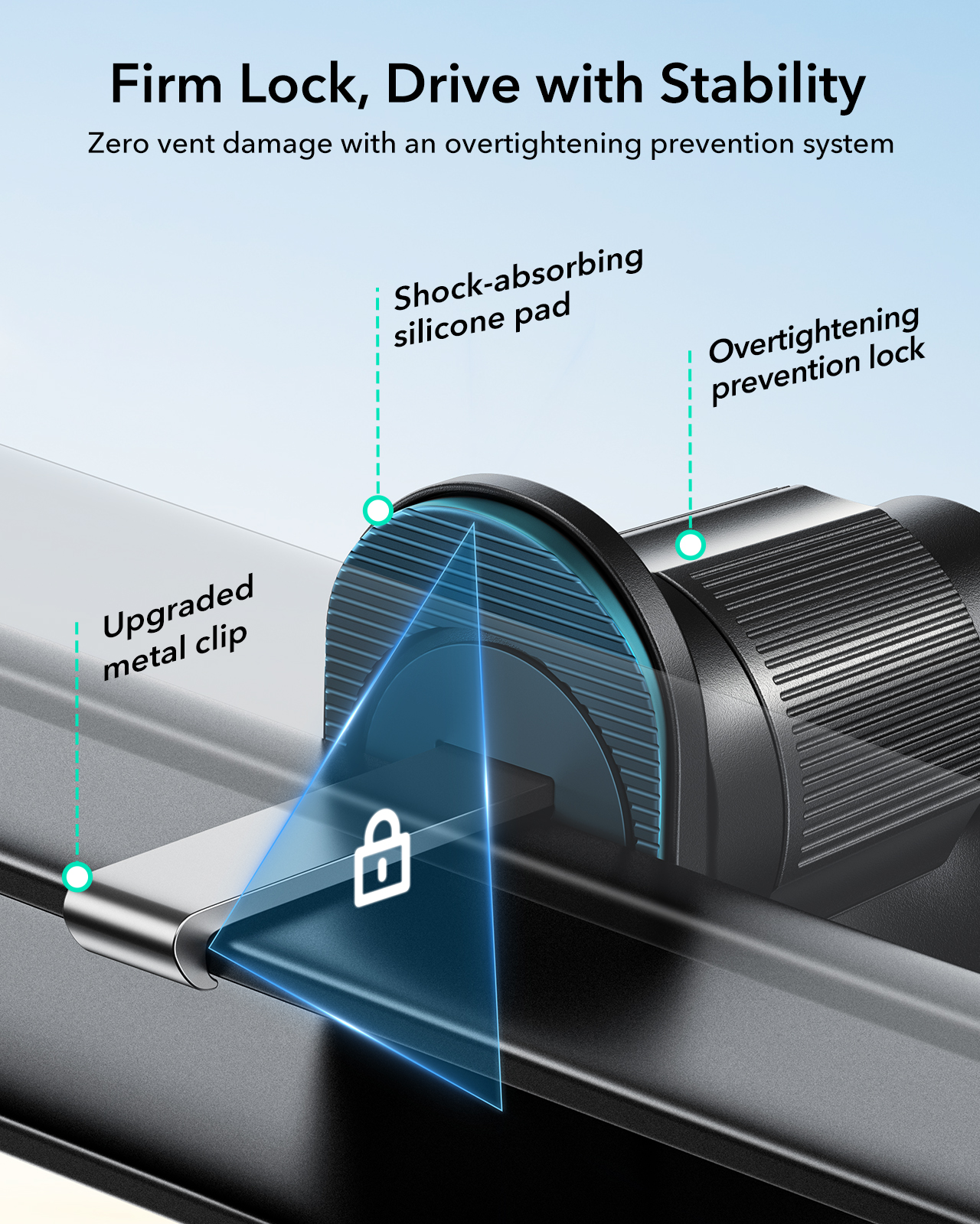 Ein Auto-Handyhalter mit Silikonpad, Metallclip und Überdreh-Schutz.