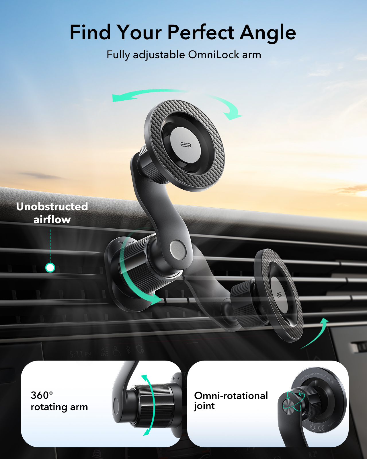 Schwarzer Autohalter mit verstellbarem Arm und magnetischem Kopf vor einem Lüftungsgitter.