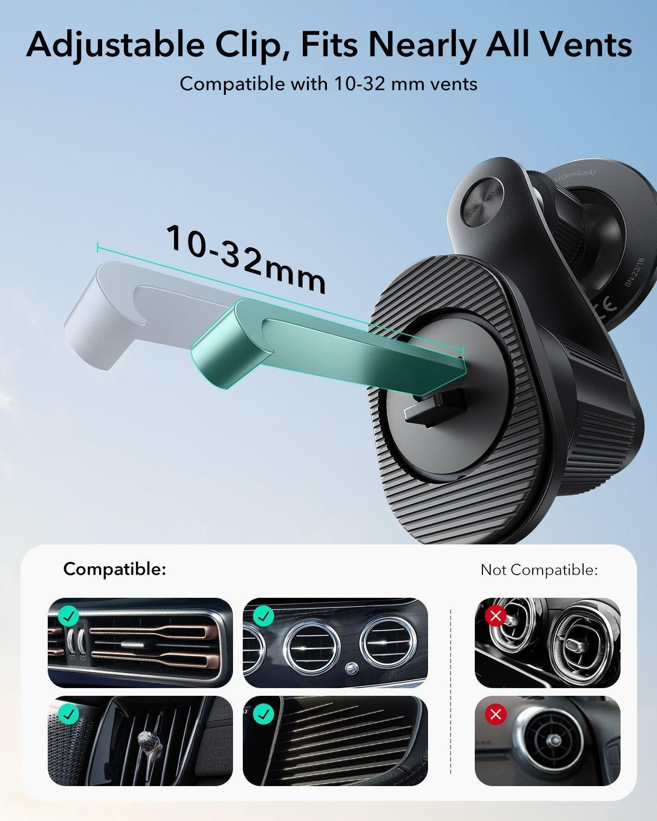 Verstellbare Lüftungshalterung für 10-32mm Lüftungsschlitze, kompatibel und inkompatibel.