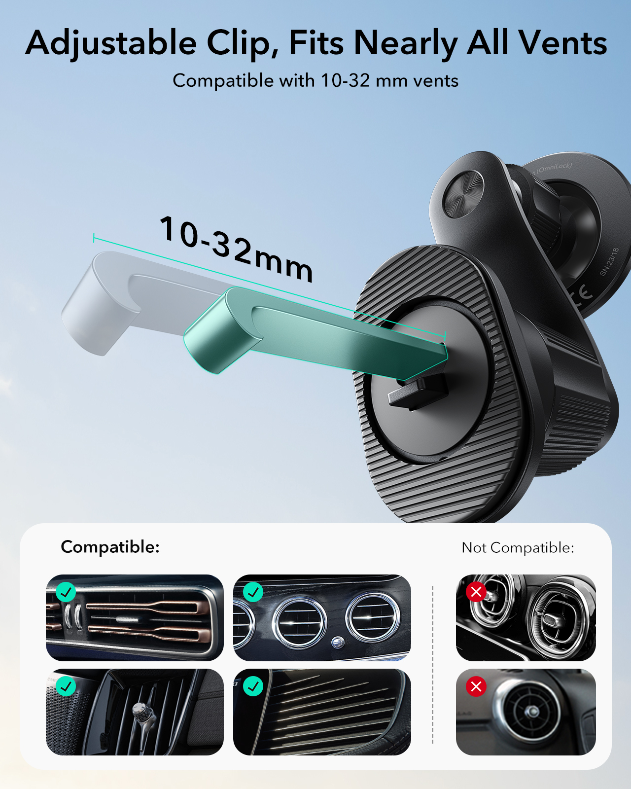 Verstellbarer Clip für Lüftungsschlitze von 10-32mm, kompatibel und inkompatibel.