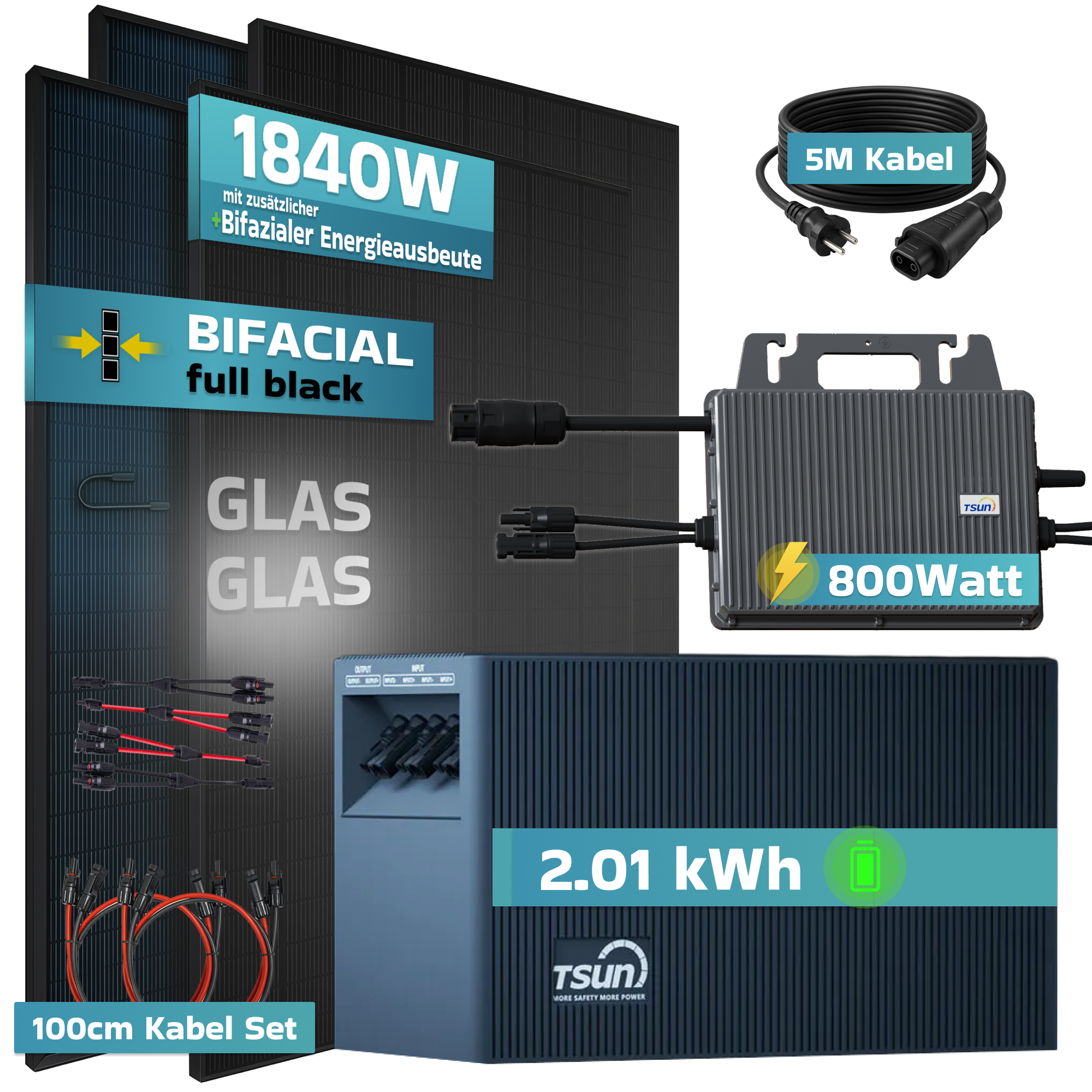 Solaranlage mit 1840W: Bifaziale Module, 800W Wechselrichter, 2.01 kWh Speicher, Kabel.