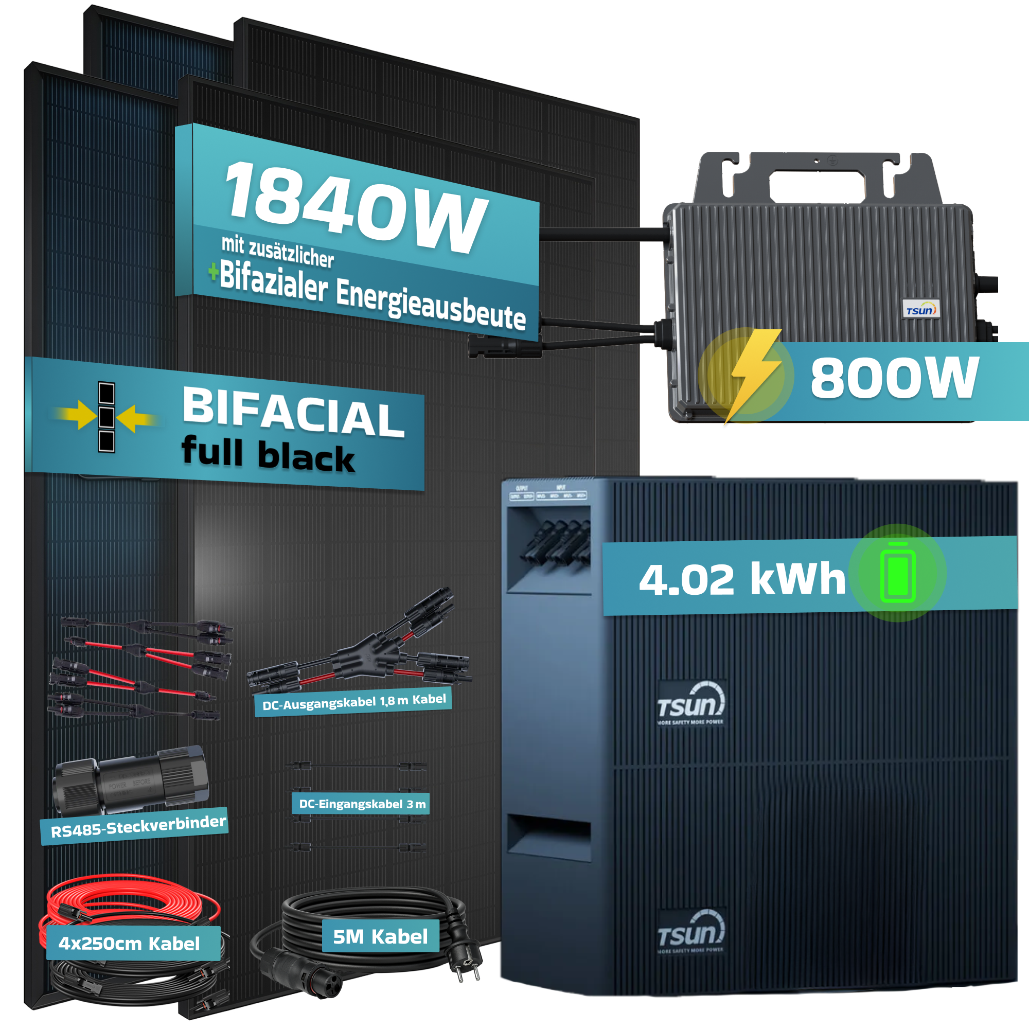 Solarmodule mit 1840W, 800W Wechselrichter, 4.02kWh Speicher und Kabeln.