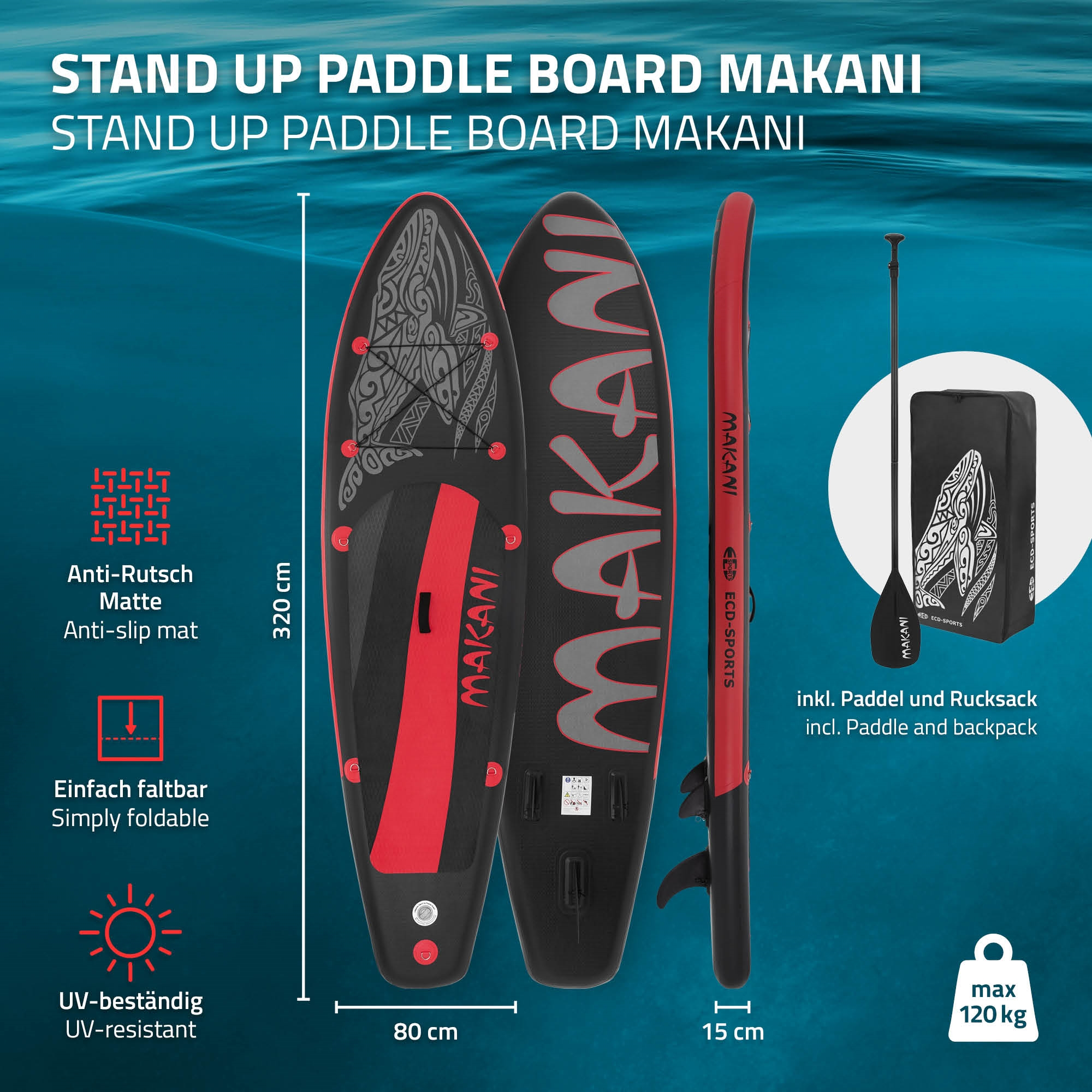 Stand Up Paddle Boards mit Paddel und Tasche. Maße: 320x80x15cm, max. 120kg.