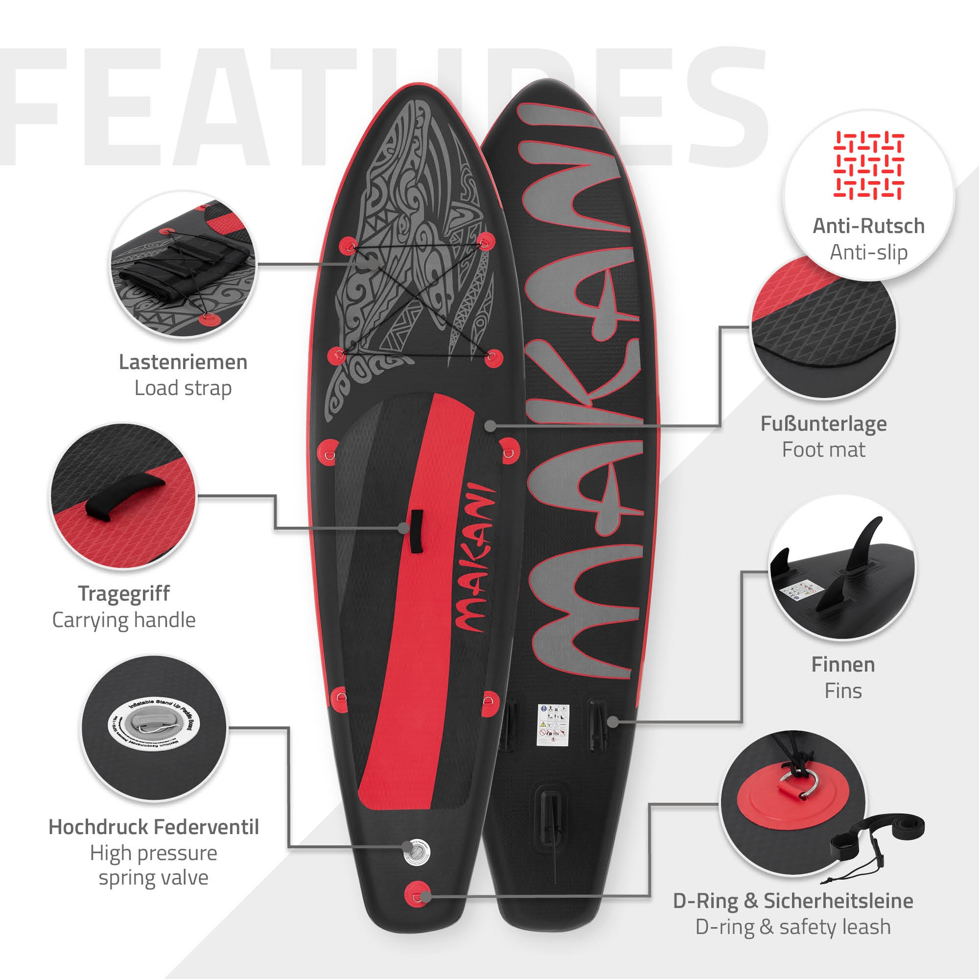 Zwei Stand-Up-Paddle-Boards mit roten und schwarzen Akzenten, Features sind markiert.