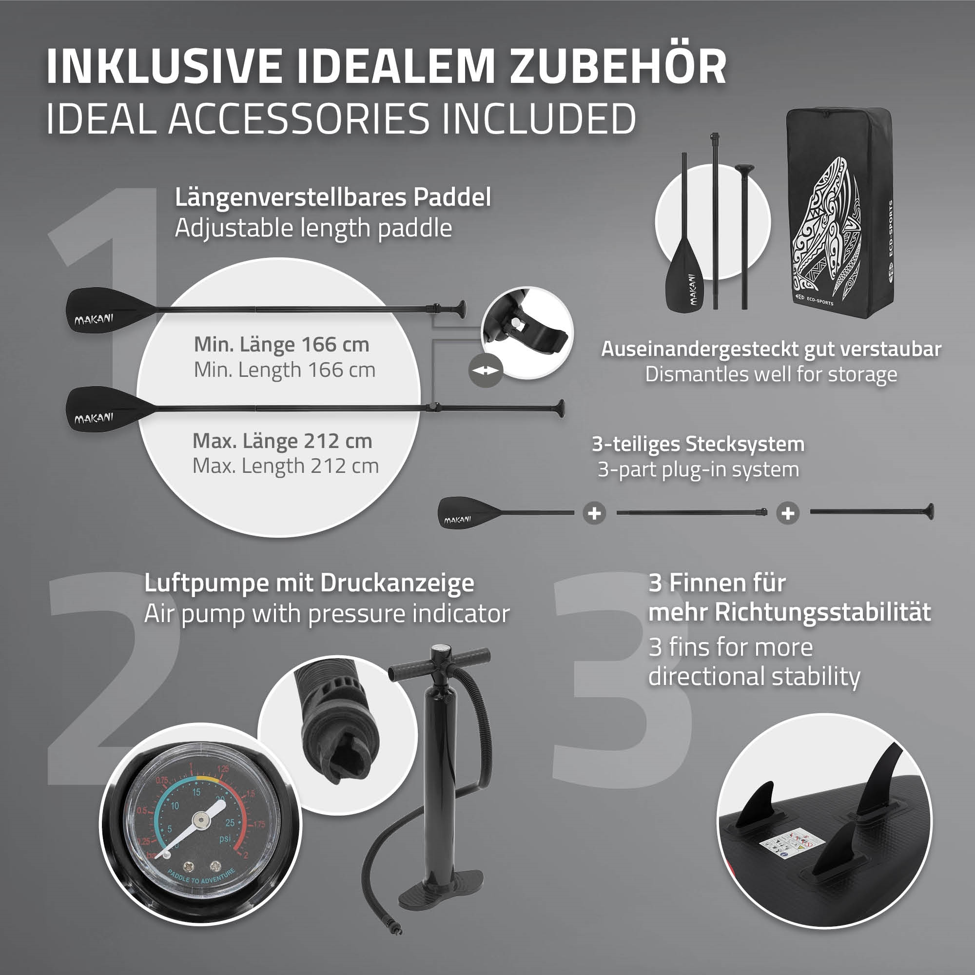 Zubehör für Paddleboards: verstellbare Paddel, Pumpe, Tasche, Finnen.