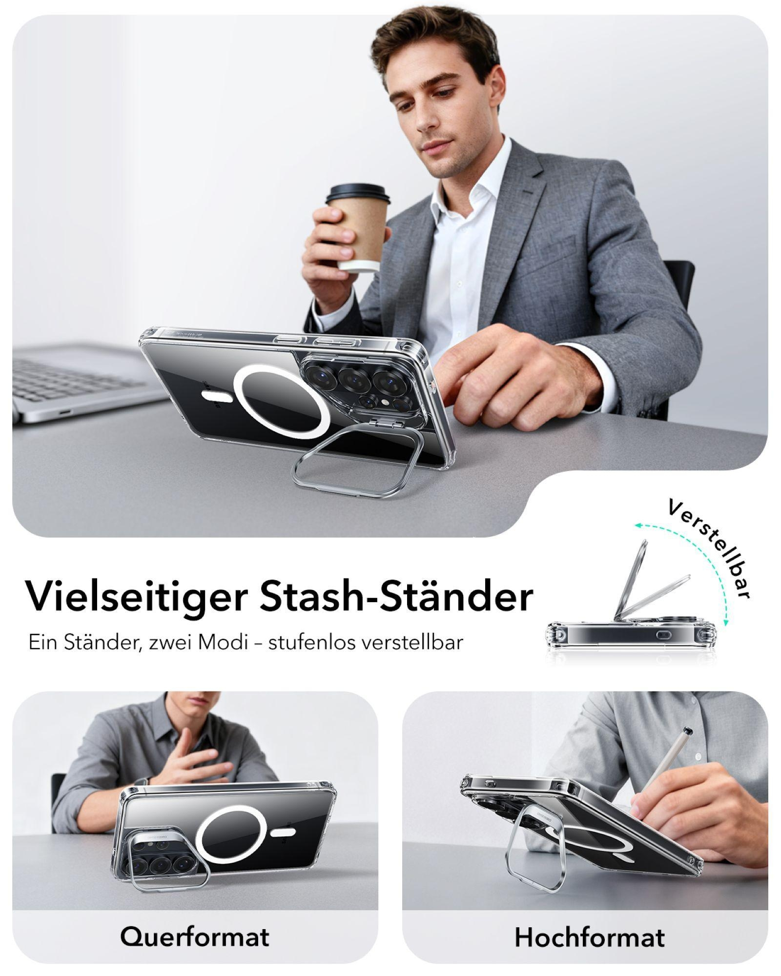 Mann mit Kaffee hält Handy mit Ständer im Quer- und Hochformat.