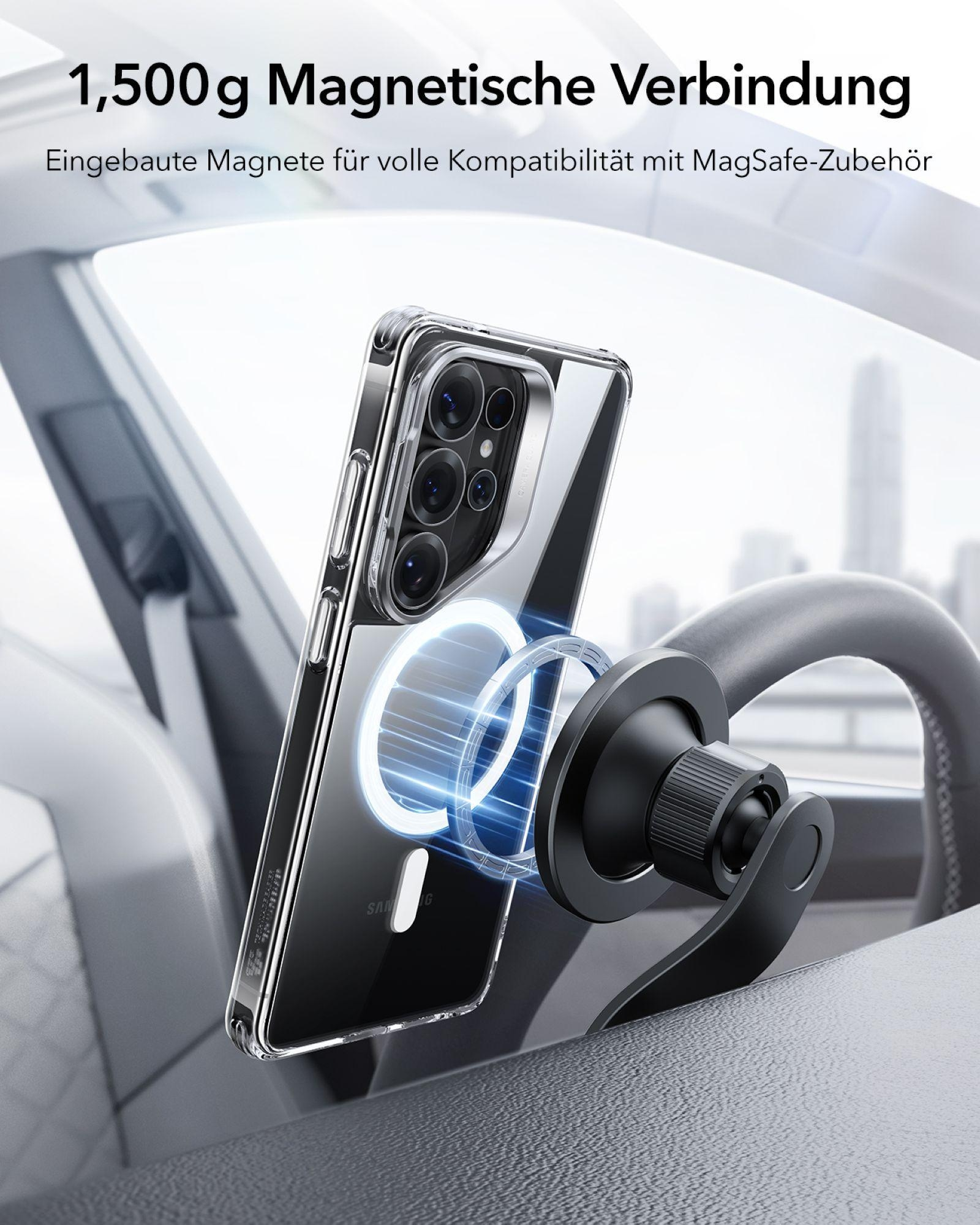 Ein Smartphone mit MagSafe-Hülle wird magnetisch von einer Autohalterung gehalten.