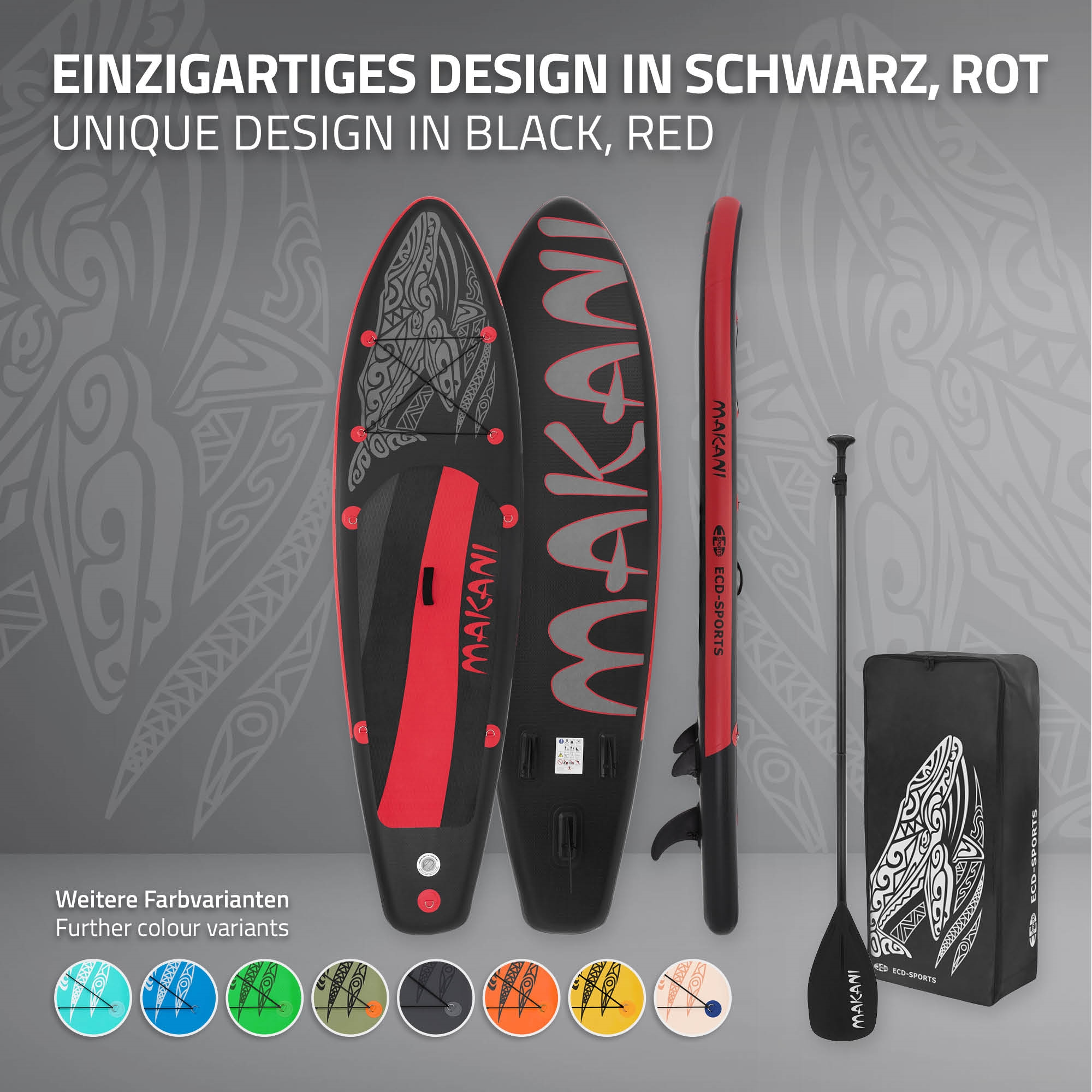 Schwarze und rote Stand-Up-Paddleboards mit Paddel und Tasche.