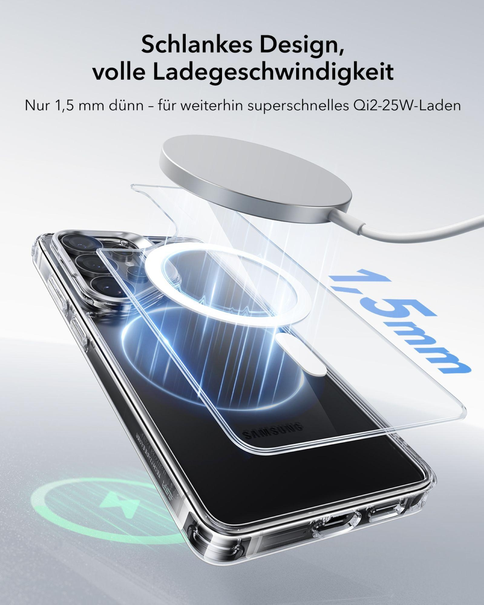Schlankes 1,5mm Qi2-Ladegerät mit Ladekabel auf einem transparenten Handy-Case.