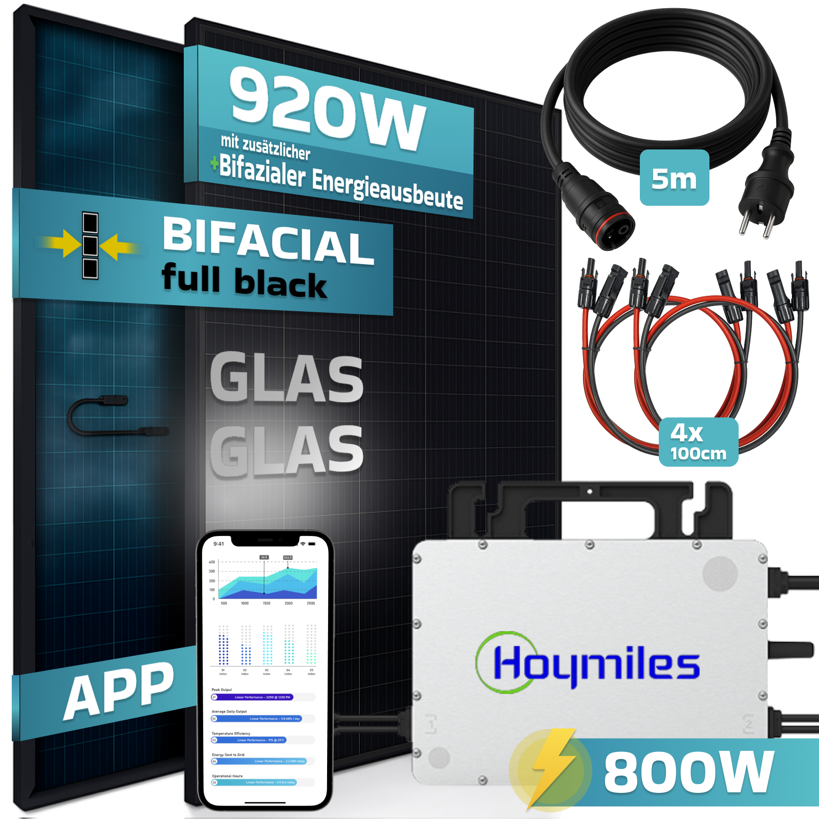 Solaranlage mit Hoymiles Wechselrichter, Kabeln und App-Anzeige.