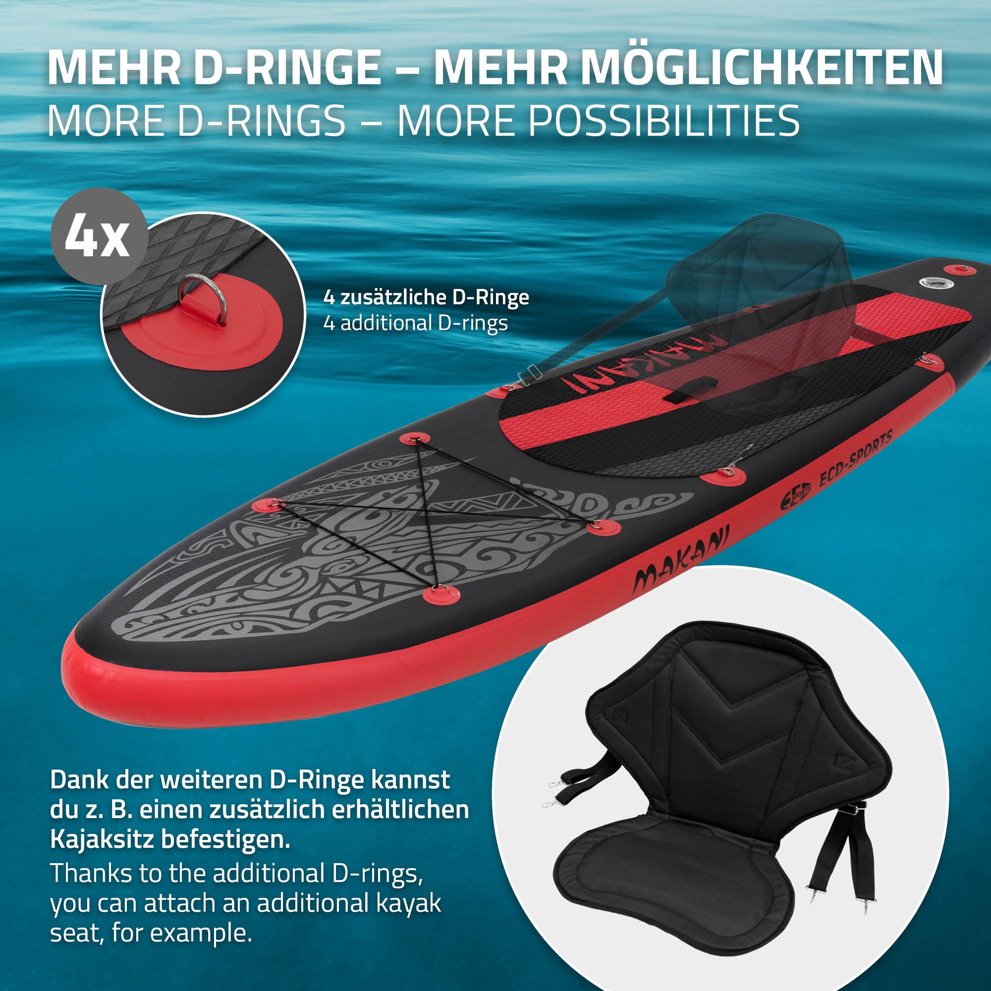 Stand-Up-Paddle-Board mit D-Ringen und Kayaksitz-Befestigungsmöglichkeit.