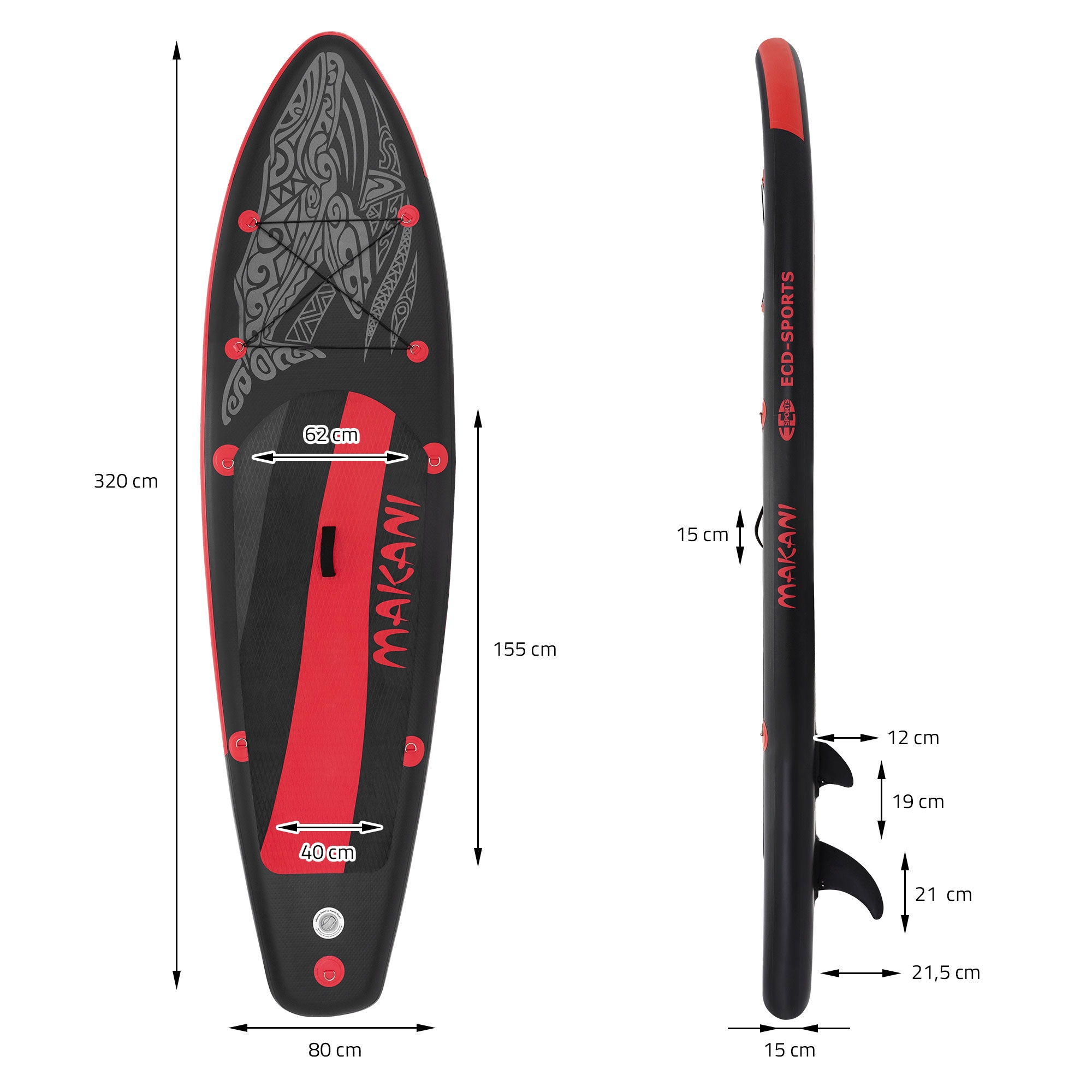 Aufblasbares Paddleboard in Schwarz mit roten Akzenten und Tribal-Muster.