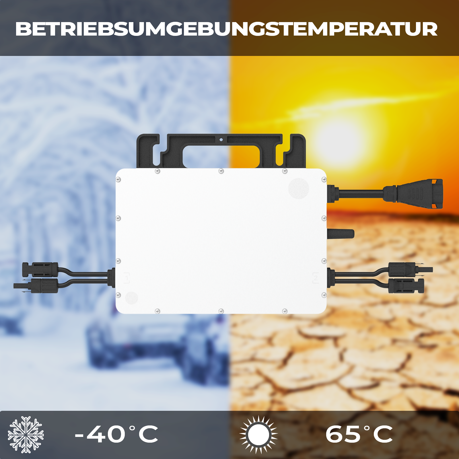 Weiße Box mit Kabeln, links Schnee, rechts Sonne und trockene Erde.