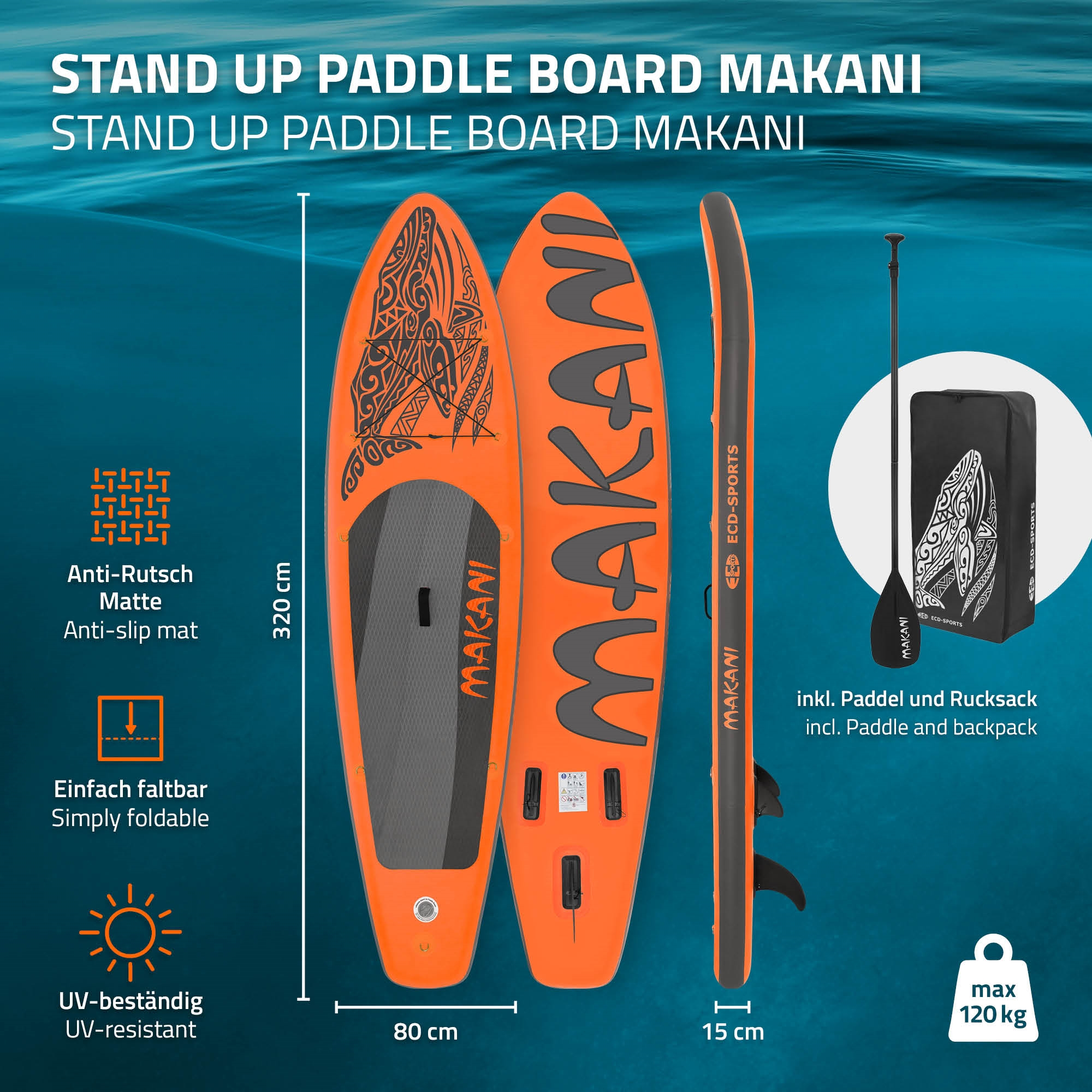 Orange Makani Stand Up Paddle Board mit Paddel und Tasche. Maße: 320x80x15 cm.