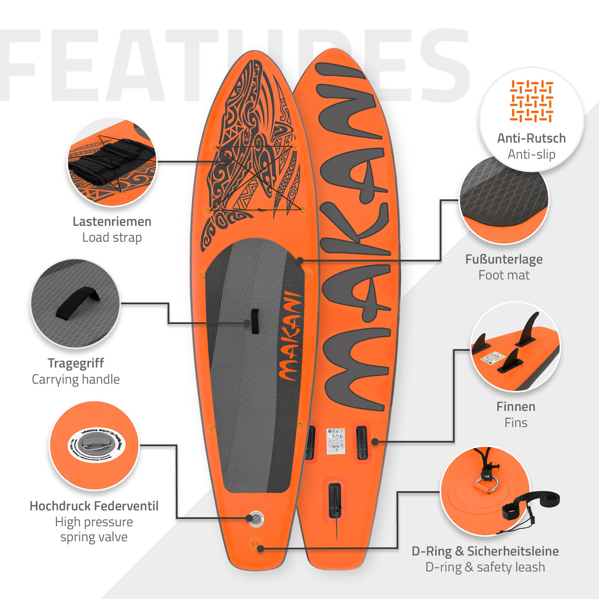 Orange Stand Up Paddle Boards mit schwarzen Designs und Beschriftungen. Features werden gezeigt.