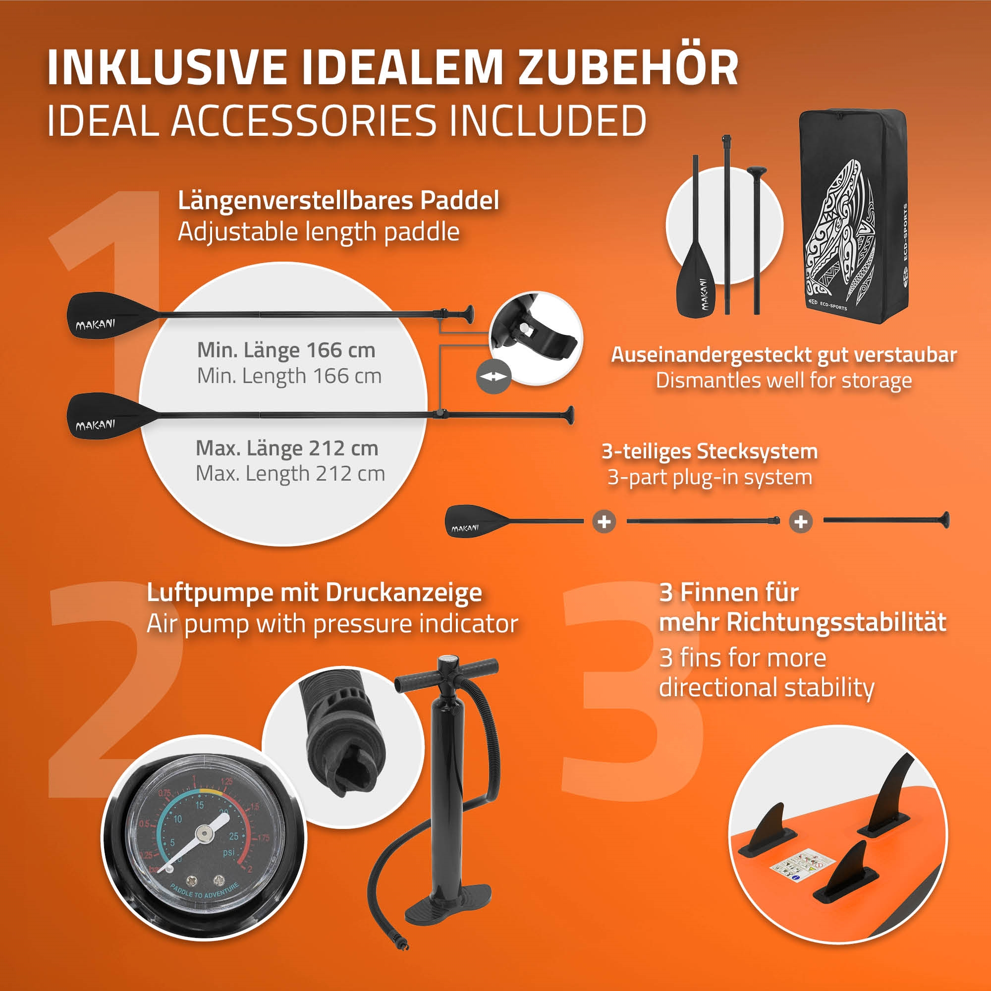 Luftpumpe, Paddel, Tasche und Finnen für SUP. Verstellbares Paddel.