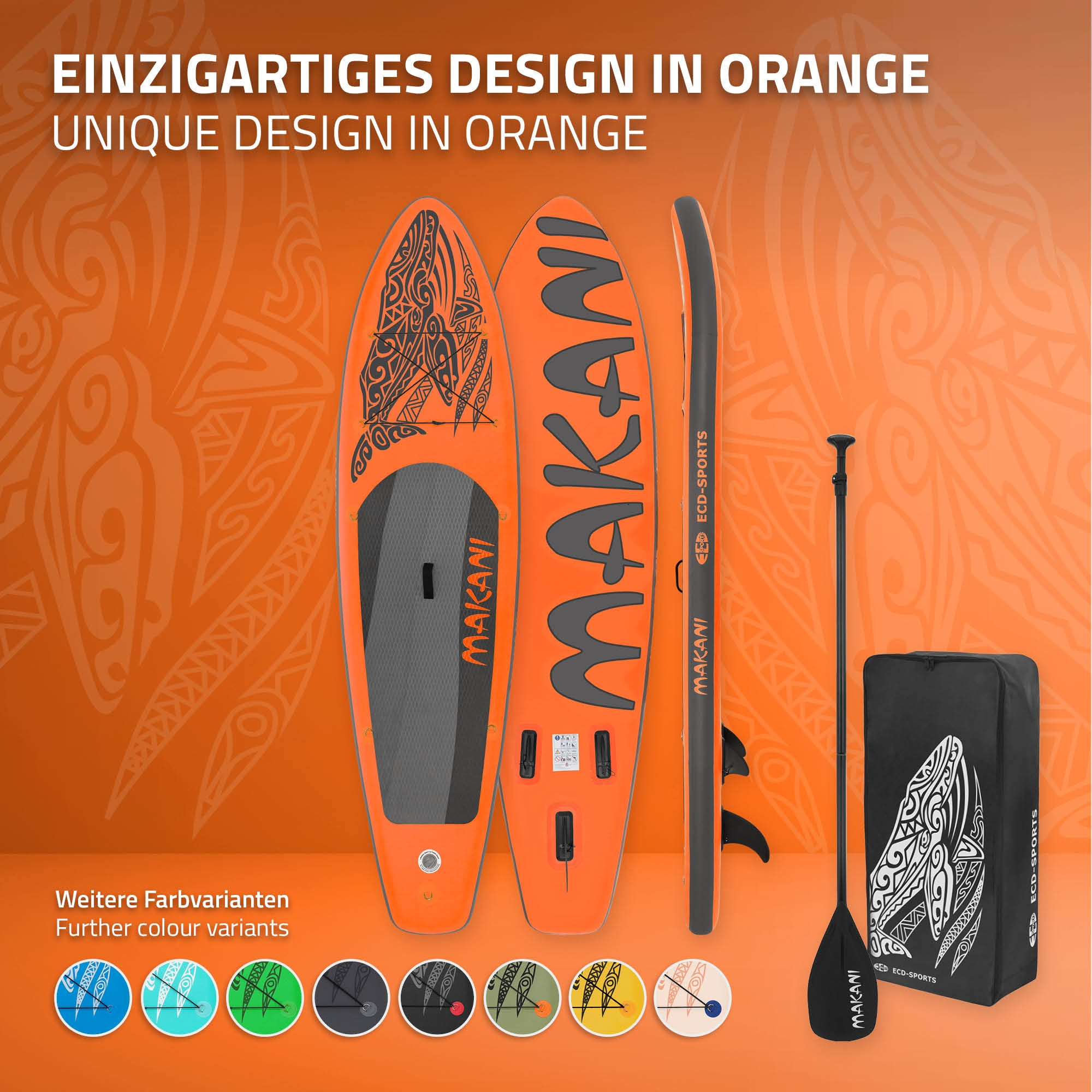 Ein orangefarbenes Stand-Up-Paddleboard mit Paddel und Tasche.