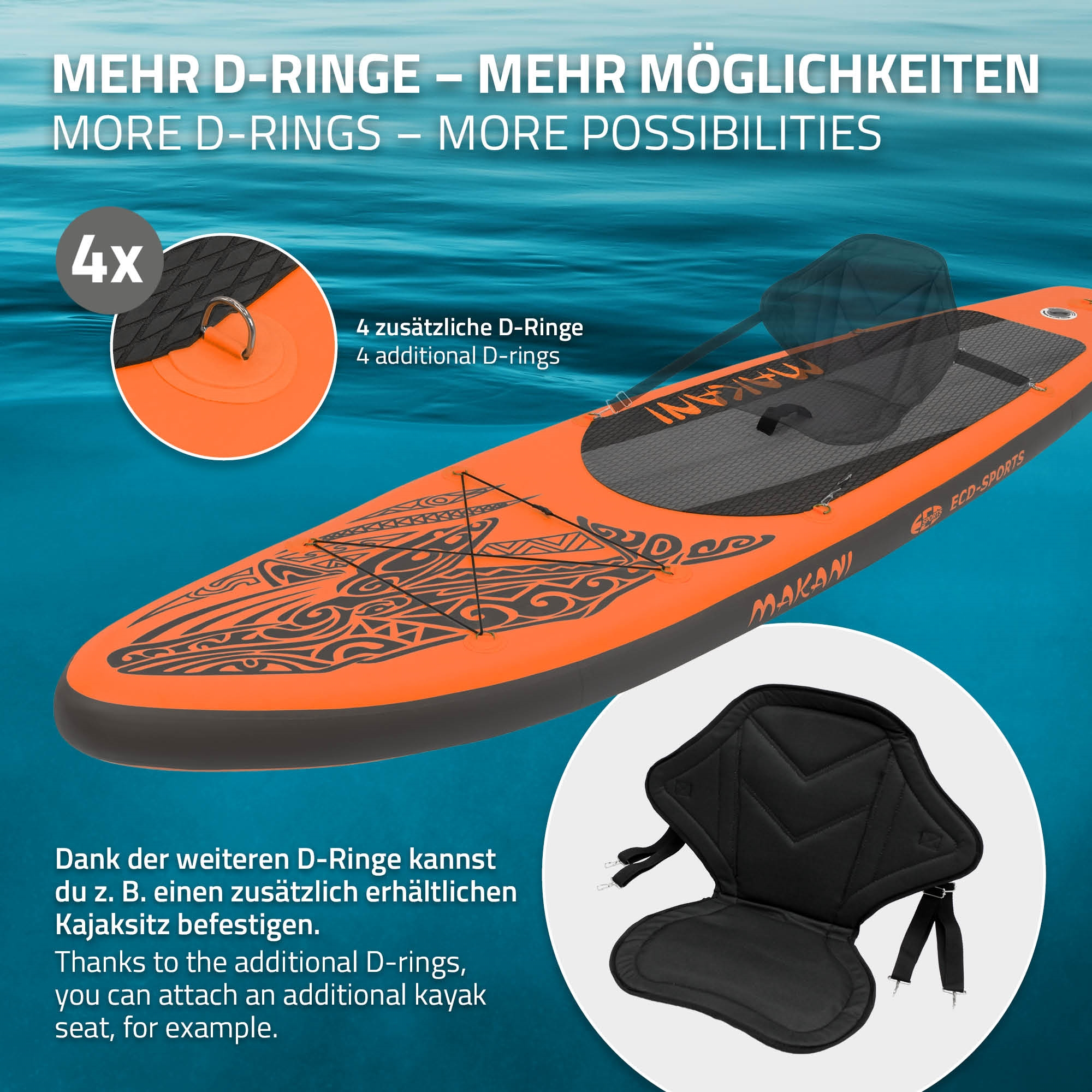 Orange SUP mit schwarzen Mustern, D-Ringen und Kajaksitz. Mehr Möglichkeiten.