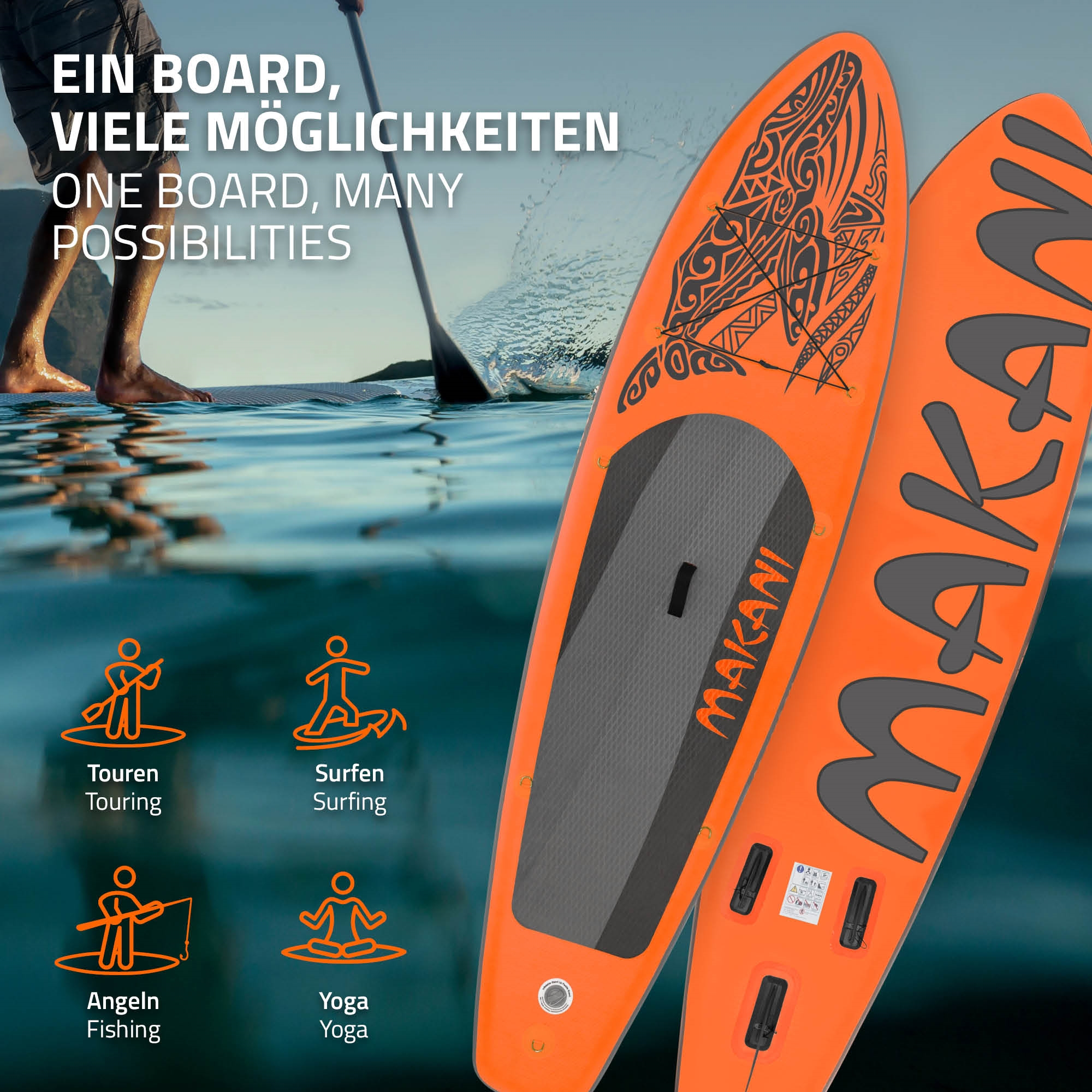 Orange Stand-Up-Paddleboards mit Tribal-Muster und Text. Icons zeigen Angeln, Yoga, Surfen, Touren.