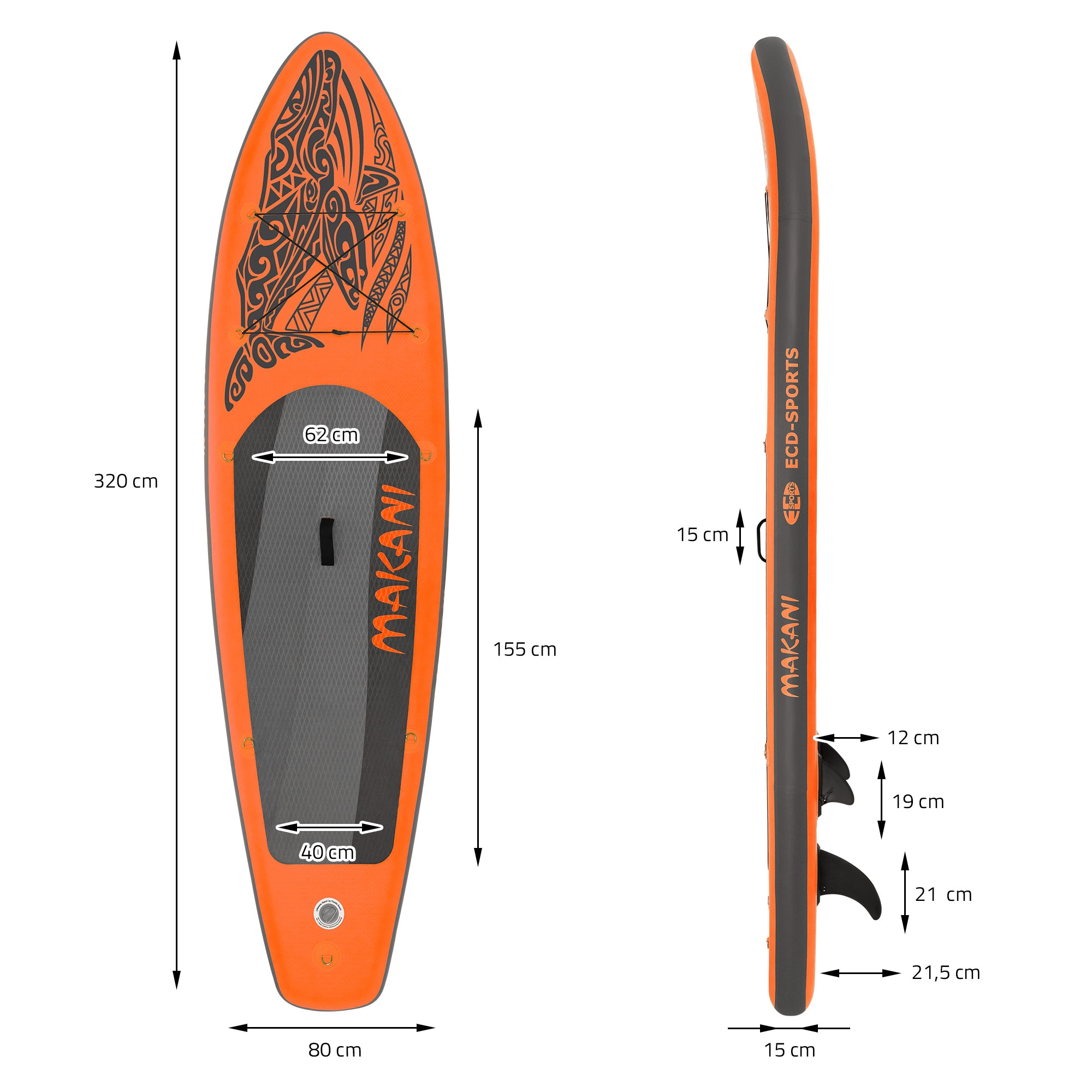 Orange Stand-Up-Paddle-Board mit schwarzen Mustern, Maße sind angegeben.