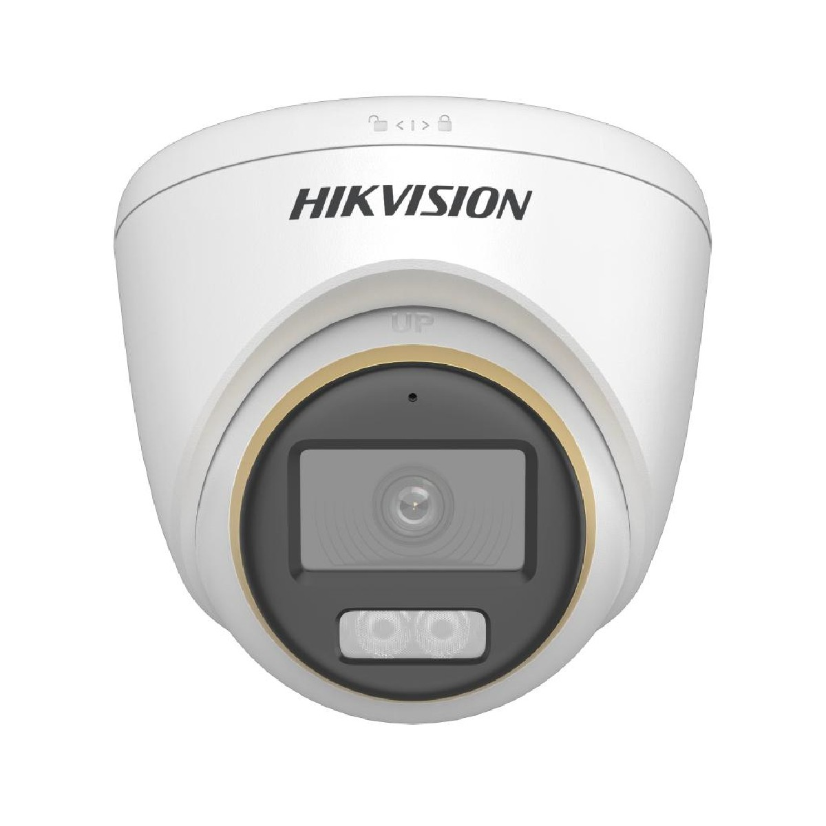 Weiße Hikvision-Überwachungskamera mit goldenem Ring um das Objektiv und zwei Lichtern.
