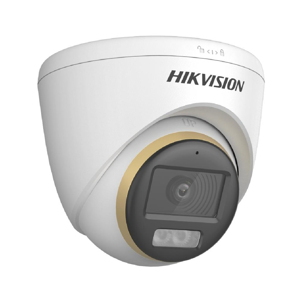Eine weiße Hikvision-Überwachungskamera mit goldener Zierleiste und schwarzer Front.