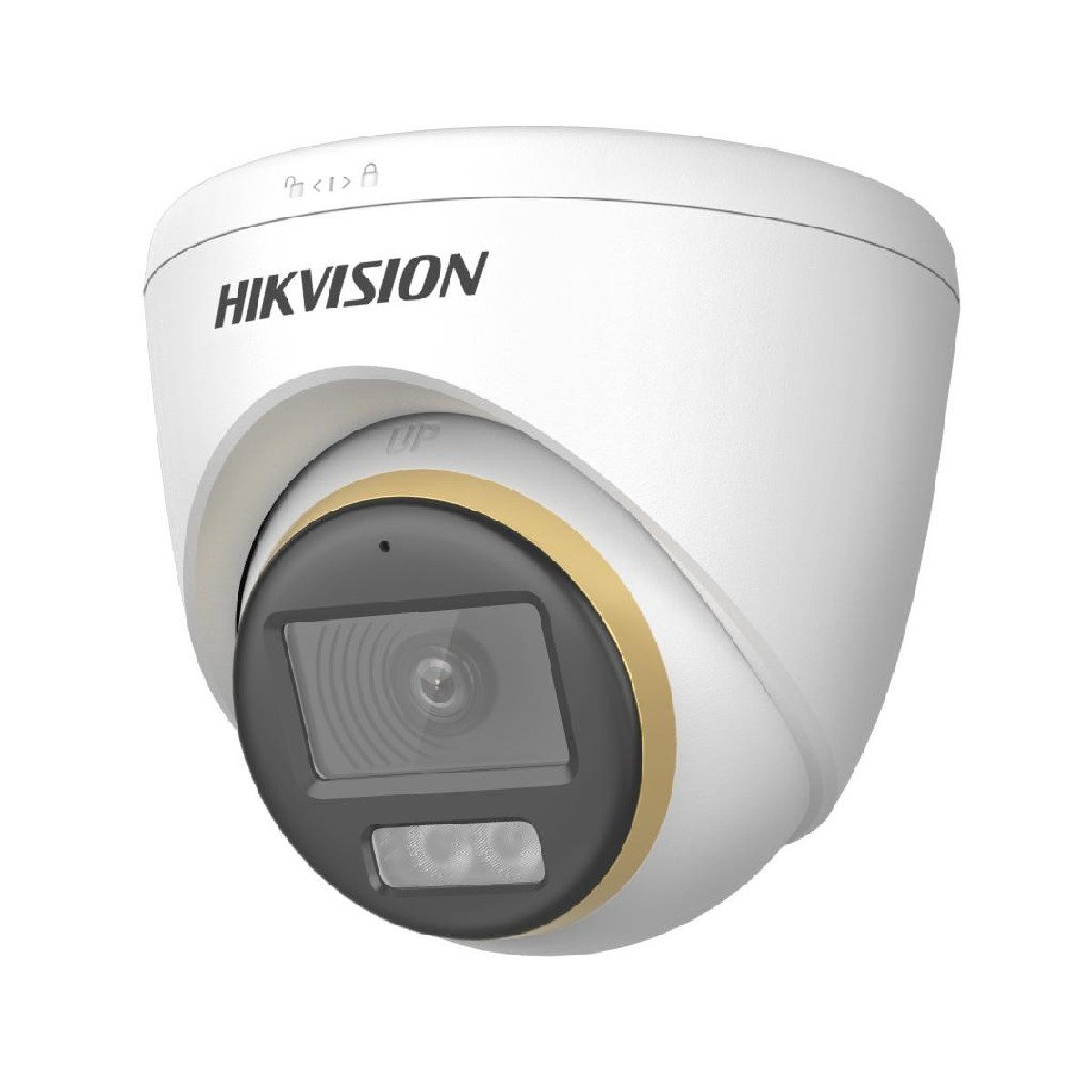 Eine weiße Hikvision-Kamera mit goldenem Ring, auf weißem Hintergrund.