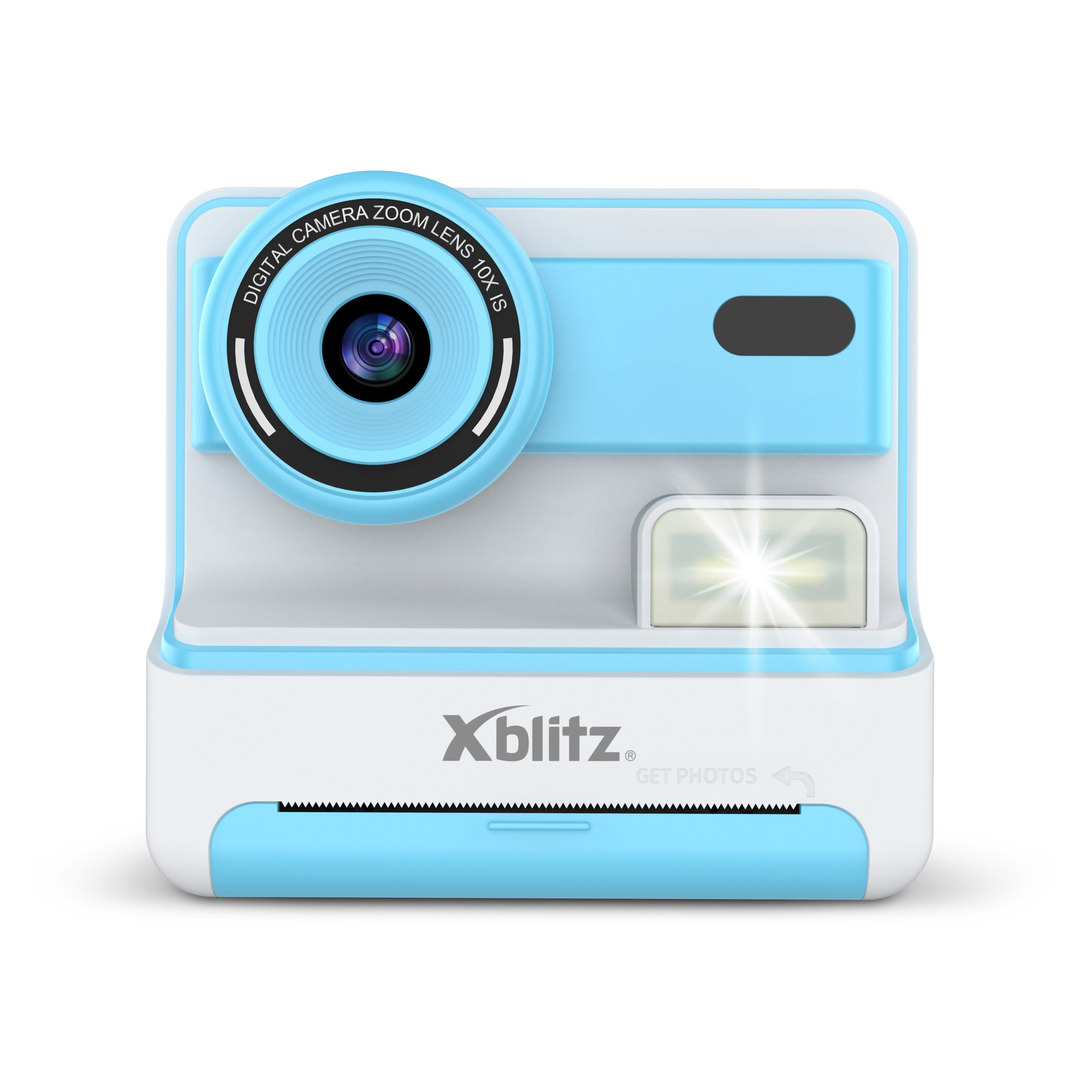Una fotocamera digitale azzurra con corpo bianco e flash.