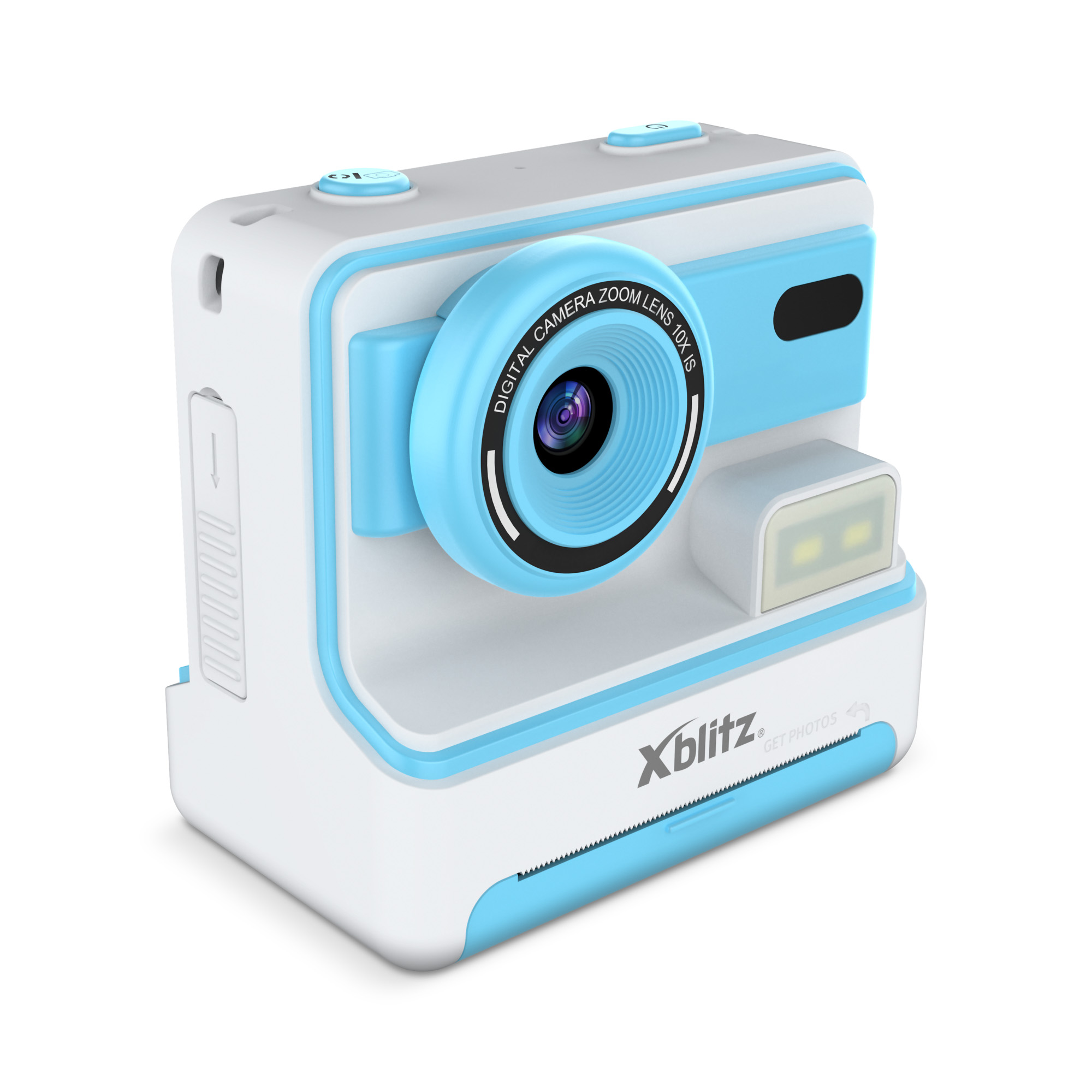Una fotocamera digitale bianca e azzurra con zoom 10x e flash.