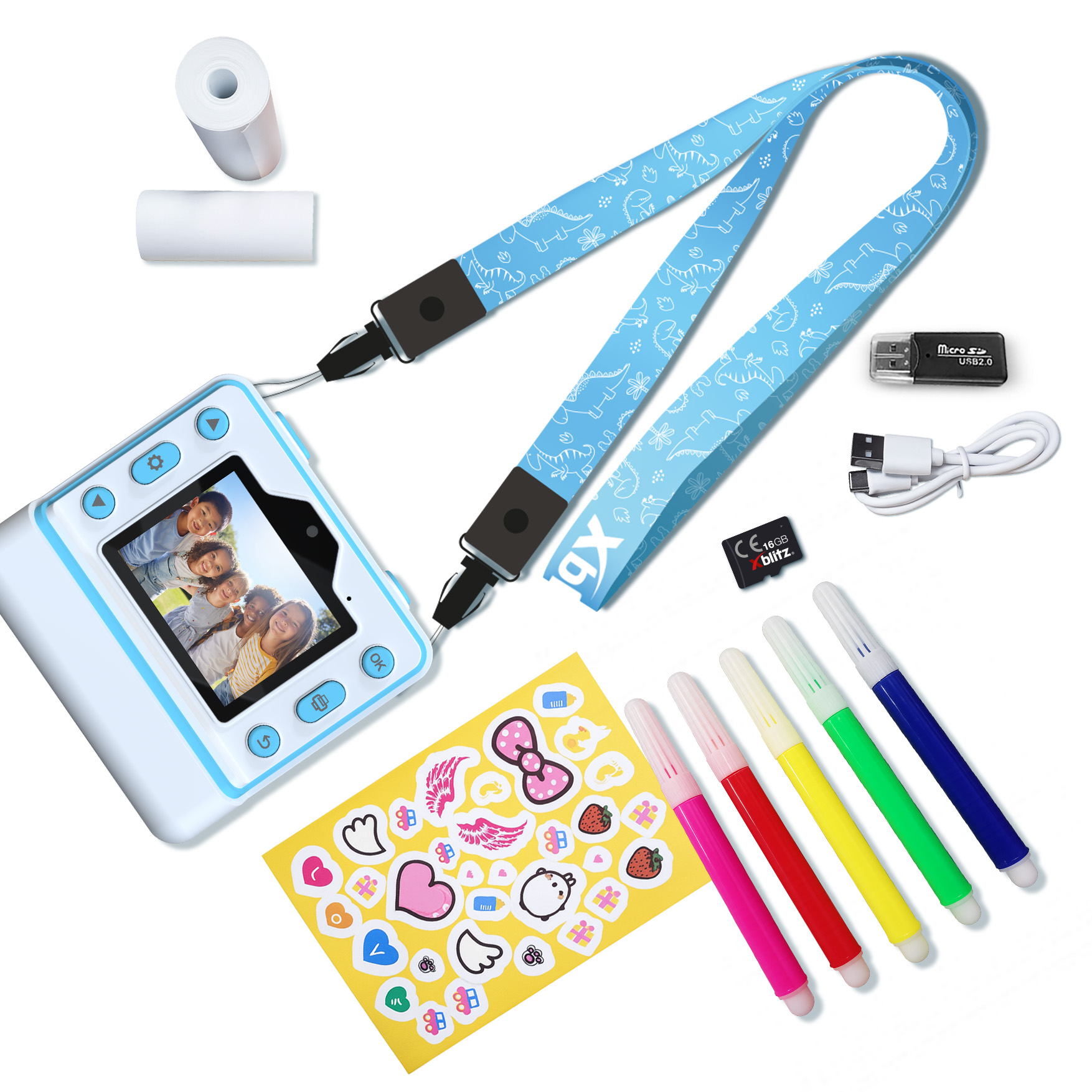 Kit fotocamera digitale con cordino, penne, adesivi, scheda di memoria e cavo.