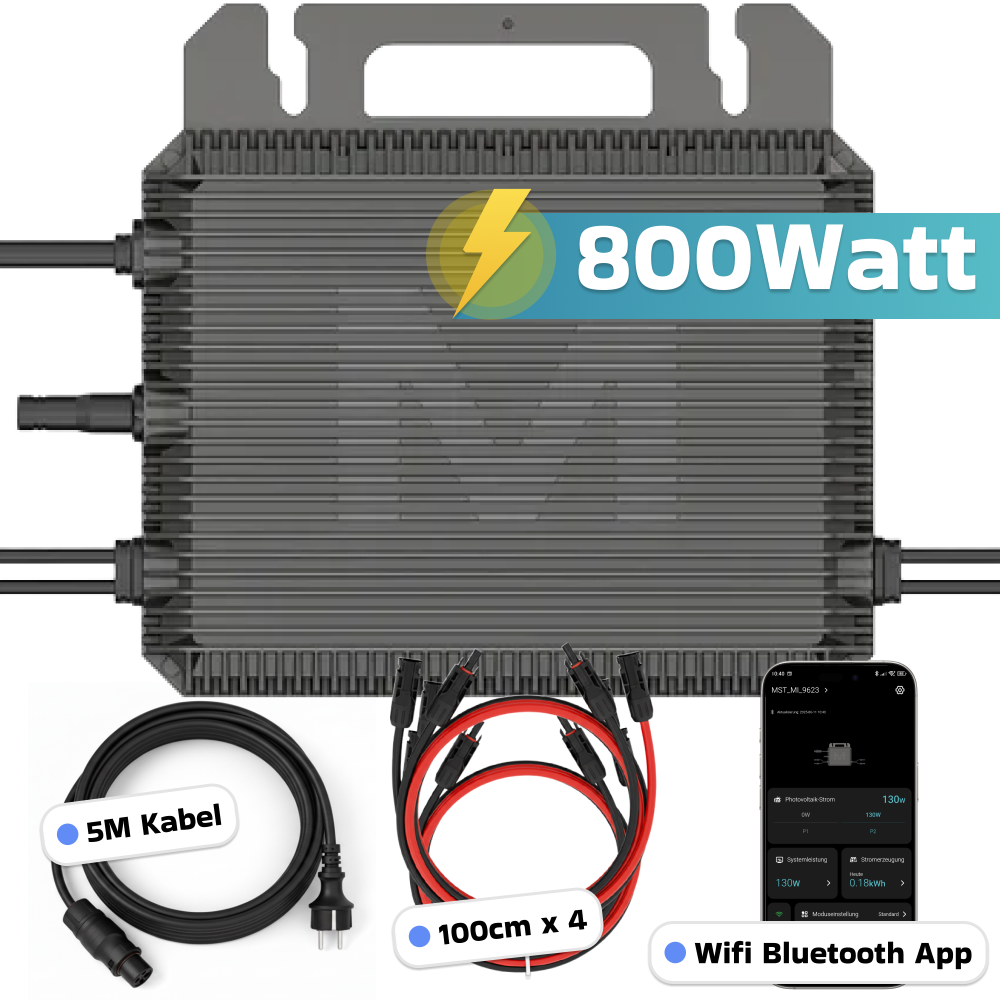 Ein 800-Watt-Solarwechselrichter mit Kabeln und App-Anzeige.