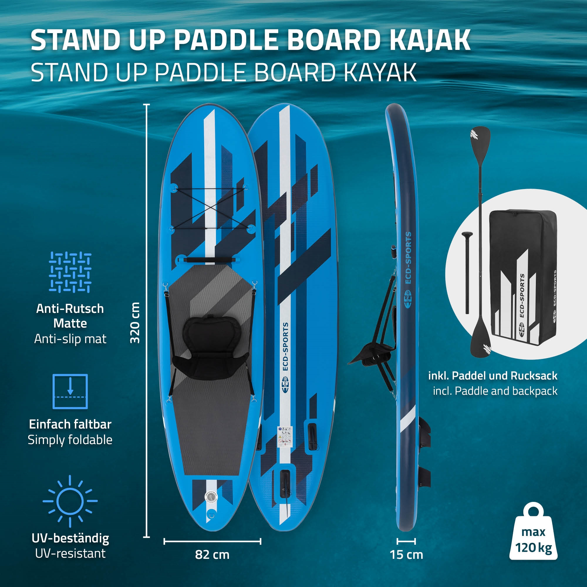 Aufblasbares Paddleboard mit Paddel und Rucksack. Blau mit weißen Streifen.